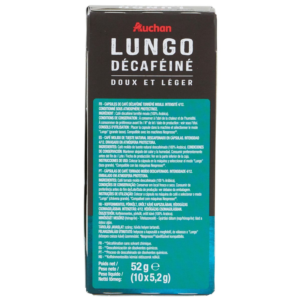 AUCHAN Capsules de café Lungo décaféiné intensité 4 compatibles Nespresso 10 capsules 52g
