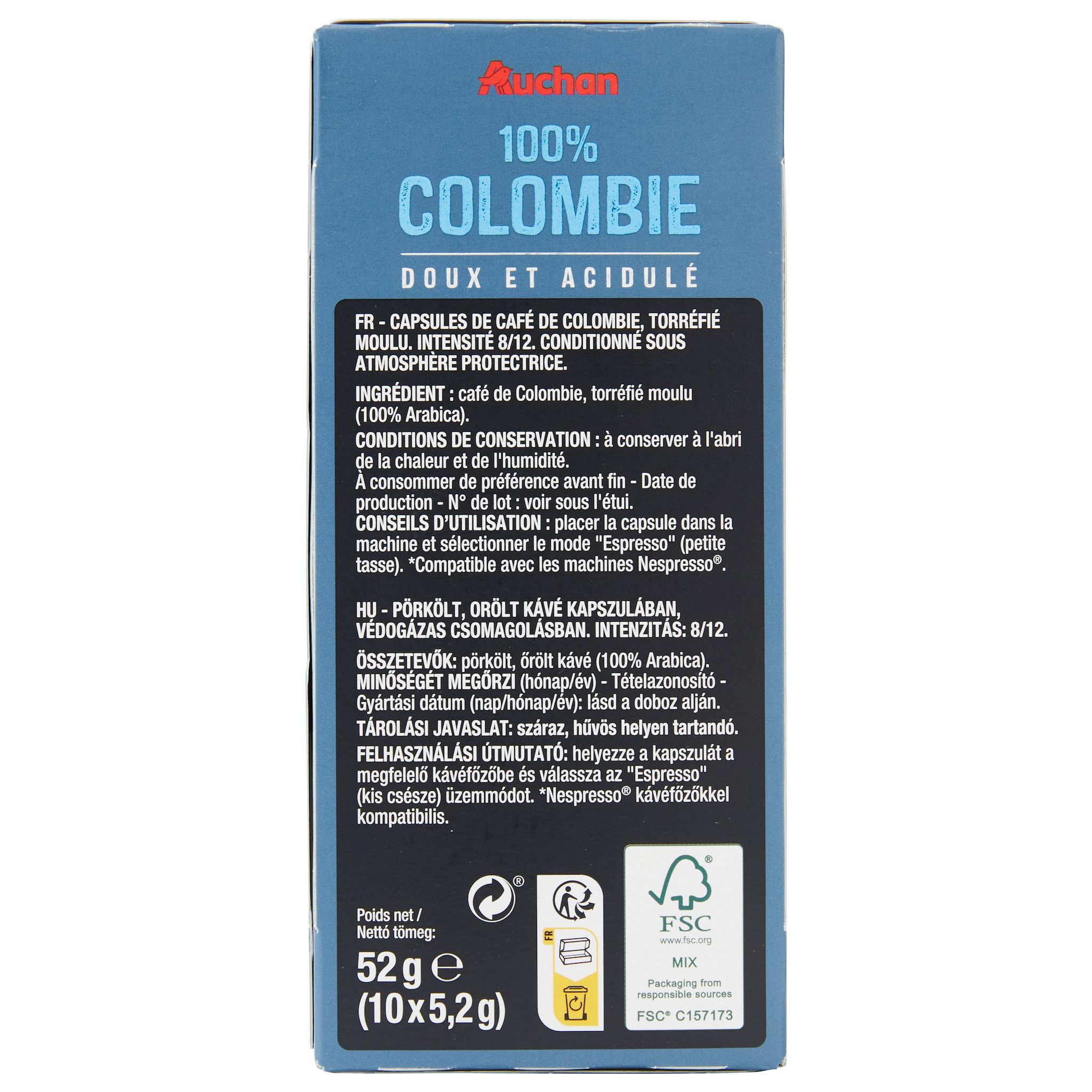 Voir la diapositive 2 : AUCHAN Capsules de café pur arabica Colombie intensité 8 compatibles Nespresso 10 capsules 52g
