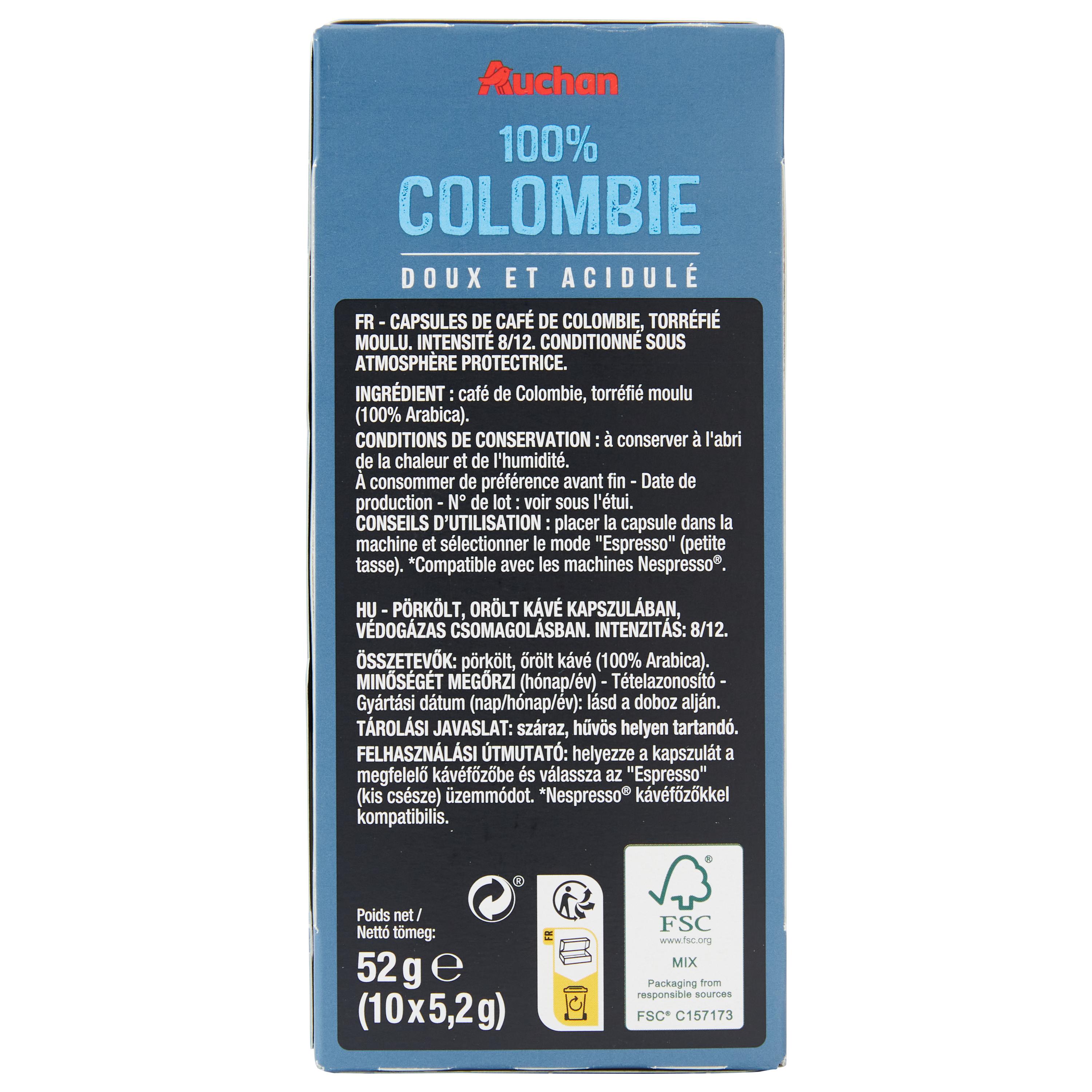 Voir la diapositive 5 : AUCHAN Capsules de café pur arabica Colombie intensité 8 compatibles Nespresso 10 capsules 52g