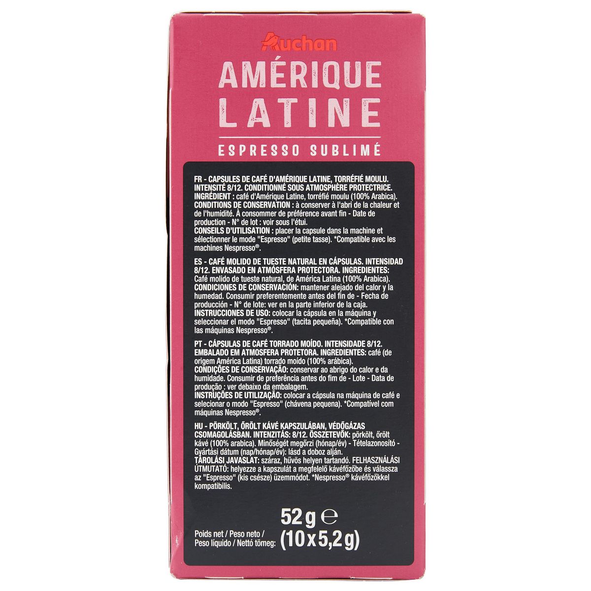AUCHAN Capsules de café Amérique latine Espresso intensité 8 compatibles Nespresso 10 capsules 52g