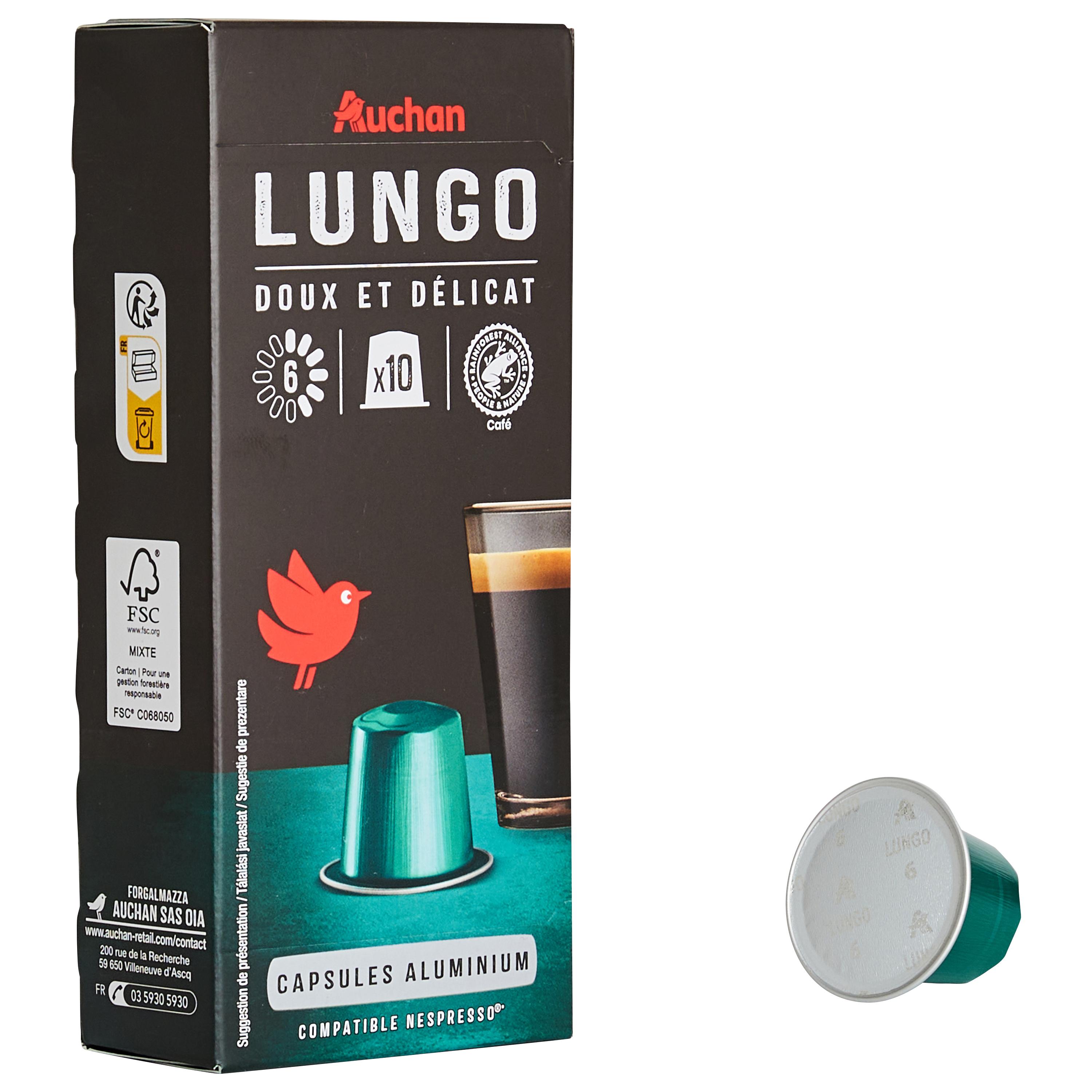 Voir la diapositive 2 : AUCHAN Capsules de café lungo intensité 6 compatibles Nespresso 10 capsules 52g