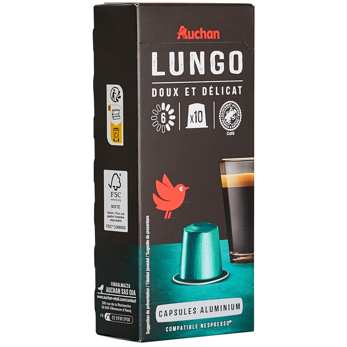 AUCHAN Capsules de café lungo intensité 6 compatibles Nespresso 10 capsules 52g