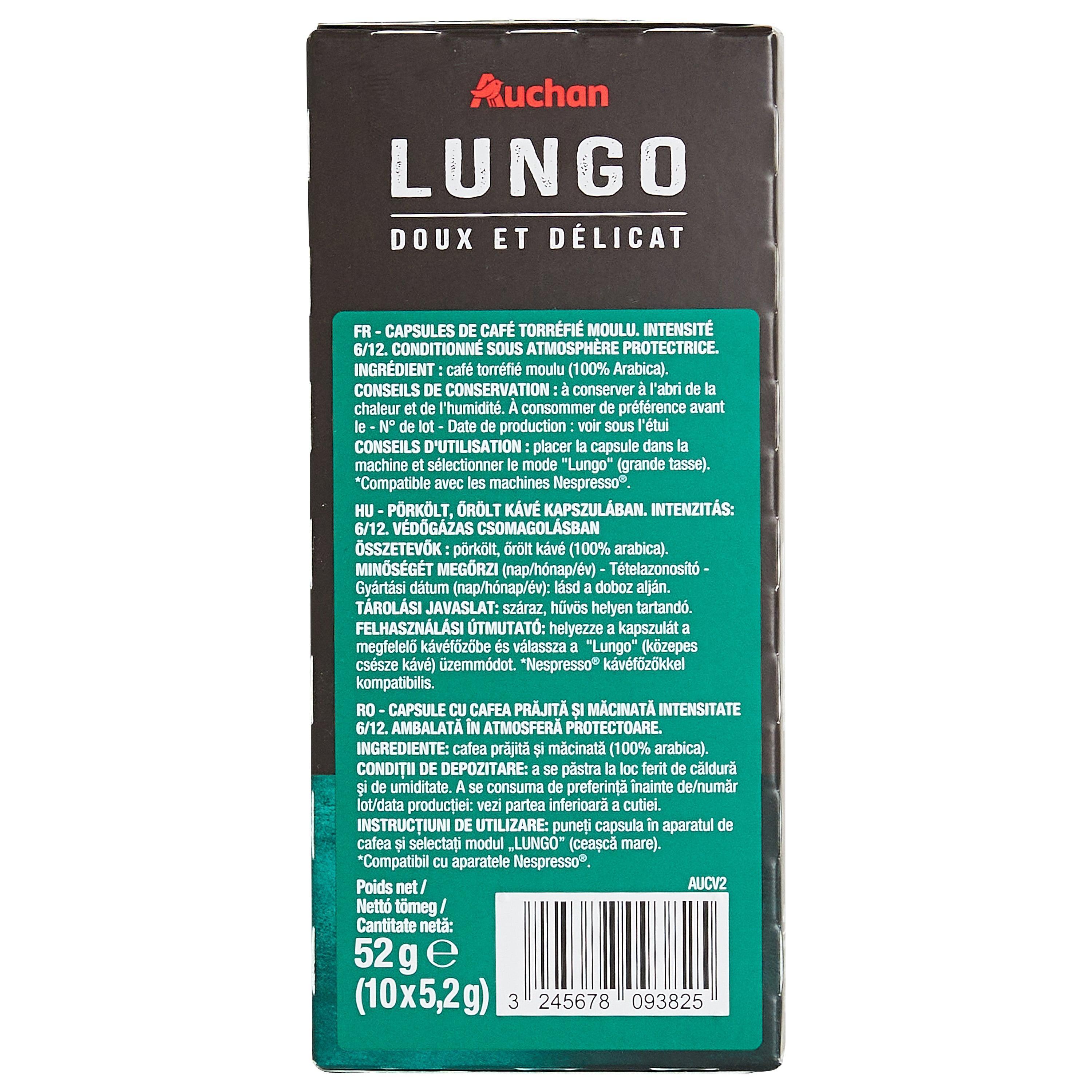 Voir la diapositive 5 : AUCHAN Capsules de café lungo intensité 6 compatibles Nespresso 10 capsules 52g