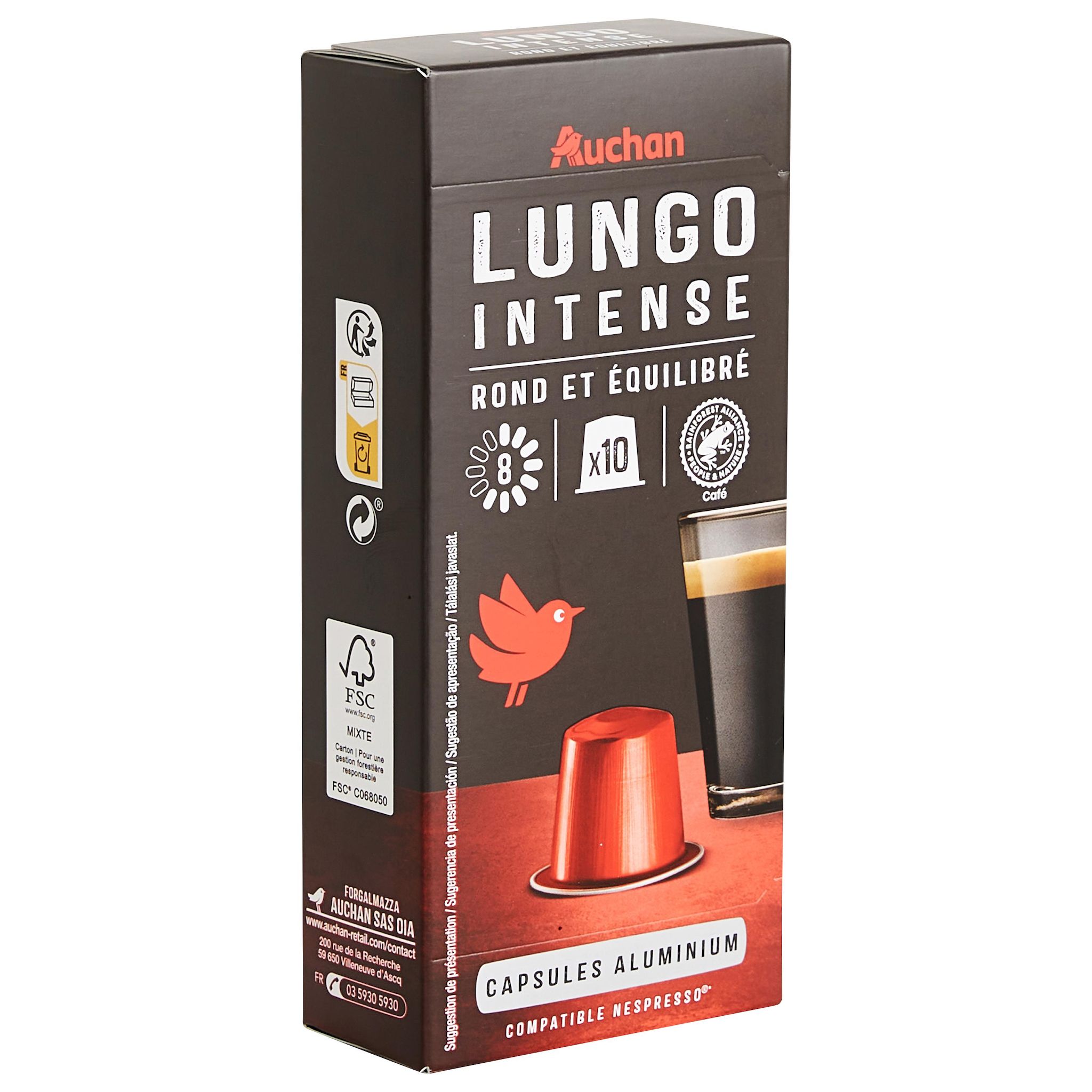 Voir la diapositive 2 : AUCHAN Capsules de café lungo intensité 8 compatibles Nespresso 10 capsules 52g
