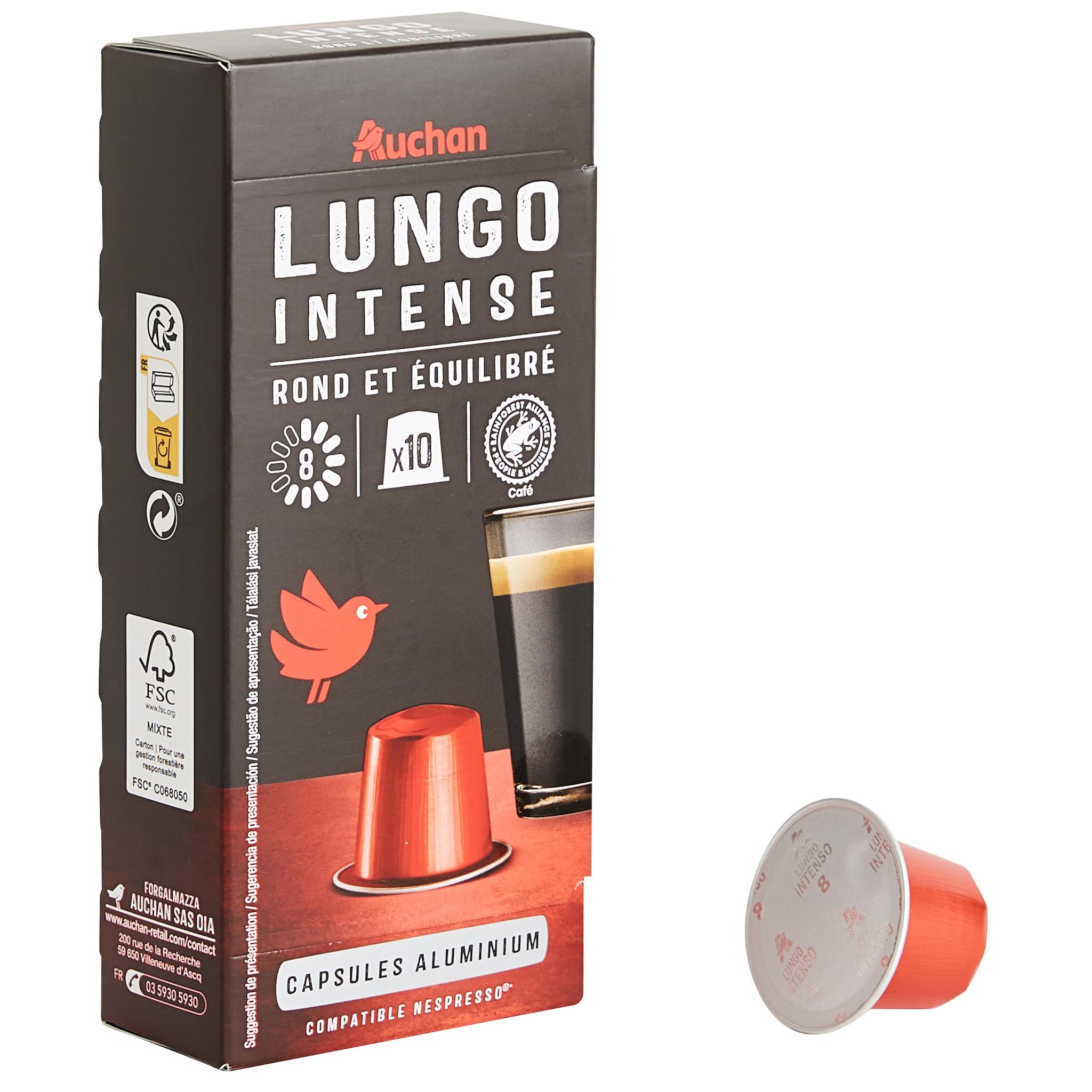 Voir la diapositive 3 : AUCHAN Capsules de café lungo intensité 8 compatibles Nespresso 10 capsules 52g