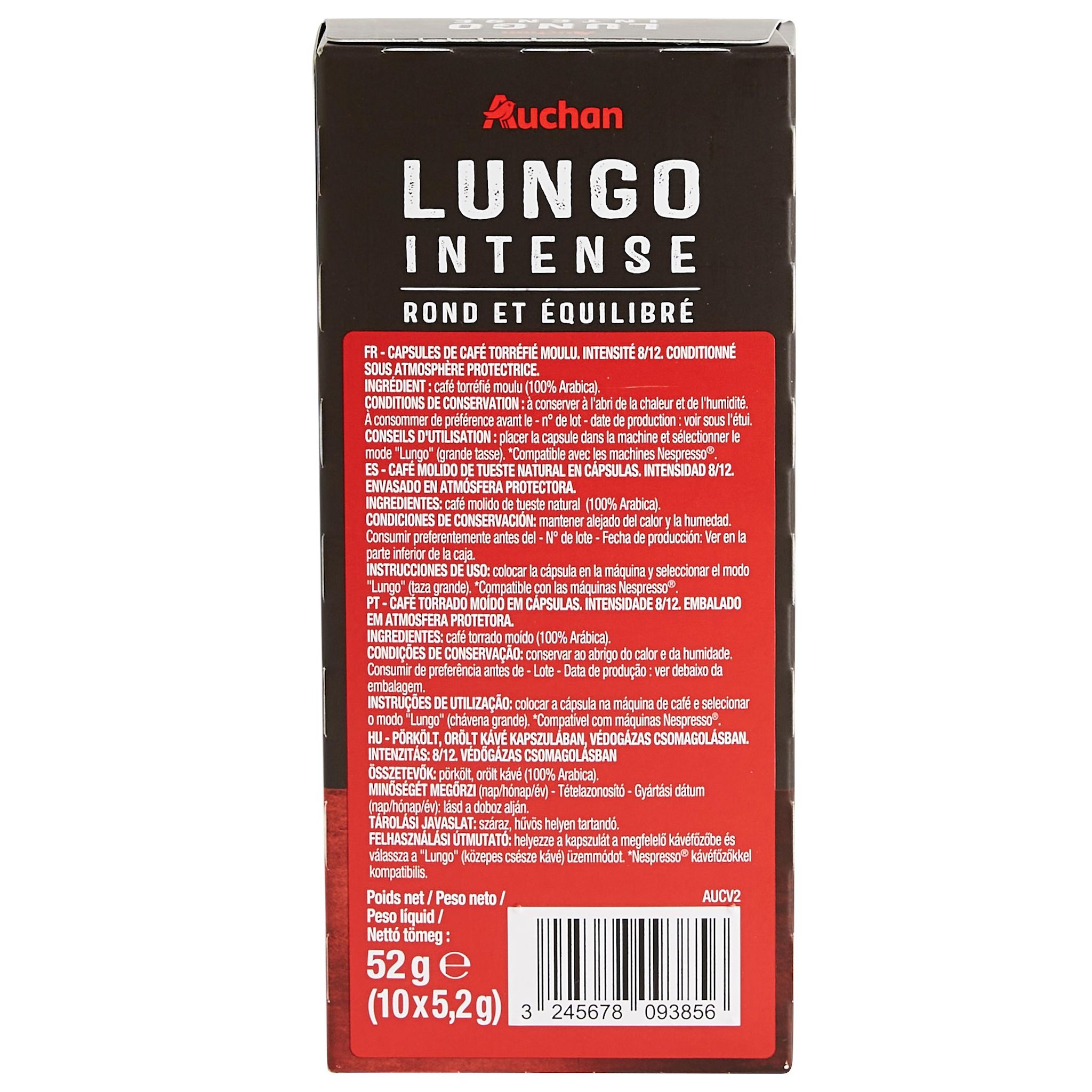 Voir la diapositive 4 : AUCHAN Capsules de café lungo intensité 8 compatibles Nespresso 10 capsules 52g