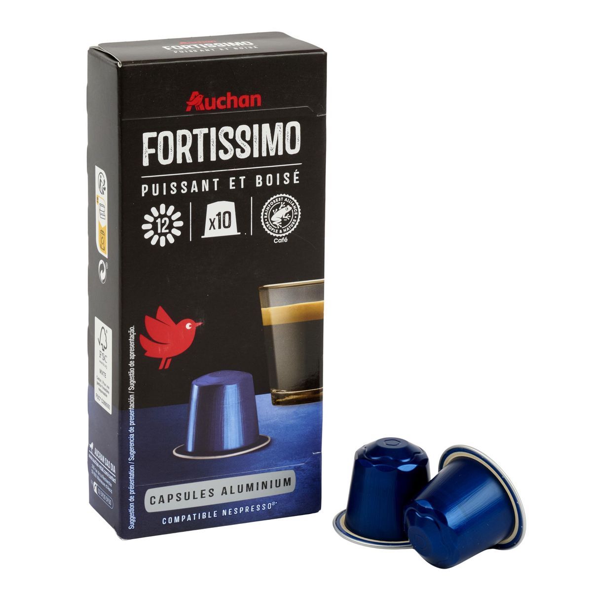 AUCHAN Capsules de café Fortissimo intensité 12 compatibles Nespresso 10 capsules 52g