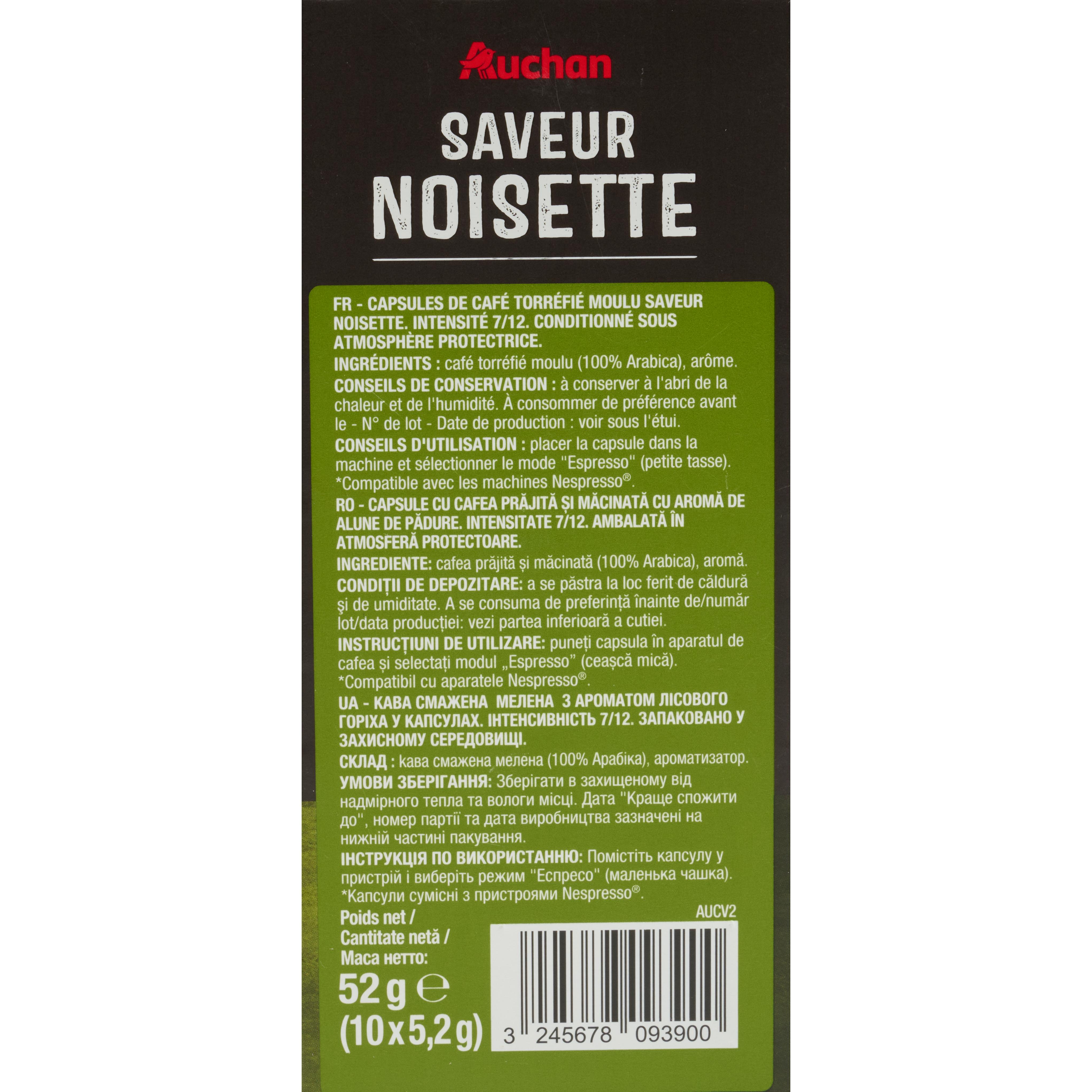 Voir la diapositive 3 : AUCHAN Capsules de café saveur noisette intensité 7 compatibles Nespresso 10 capsules 52g