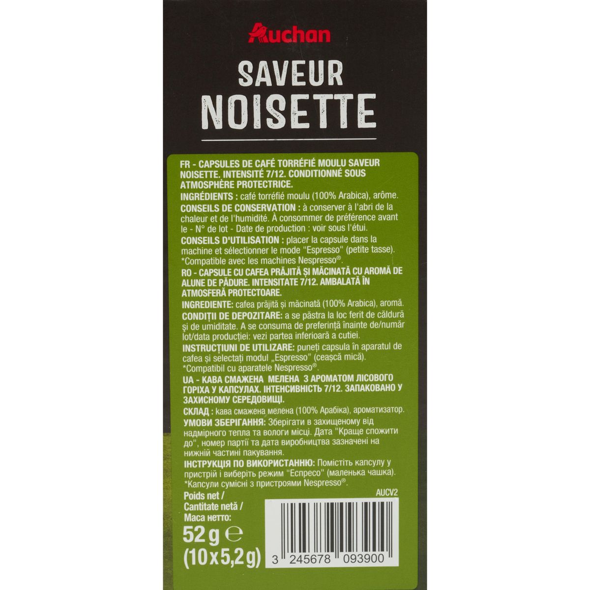 AUCHAN Capsules de café saveur noisette intensité 7 compatibles Nespresso 10 capsules 52g