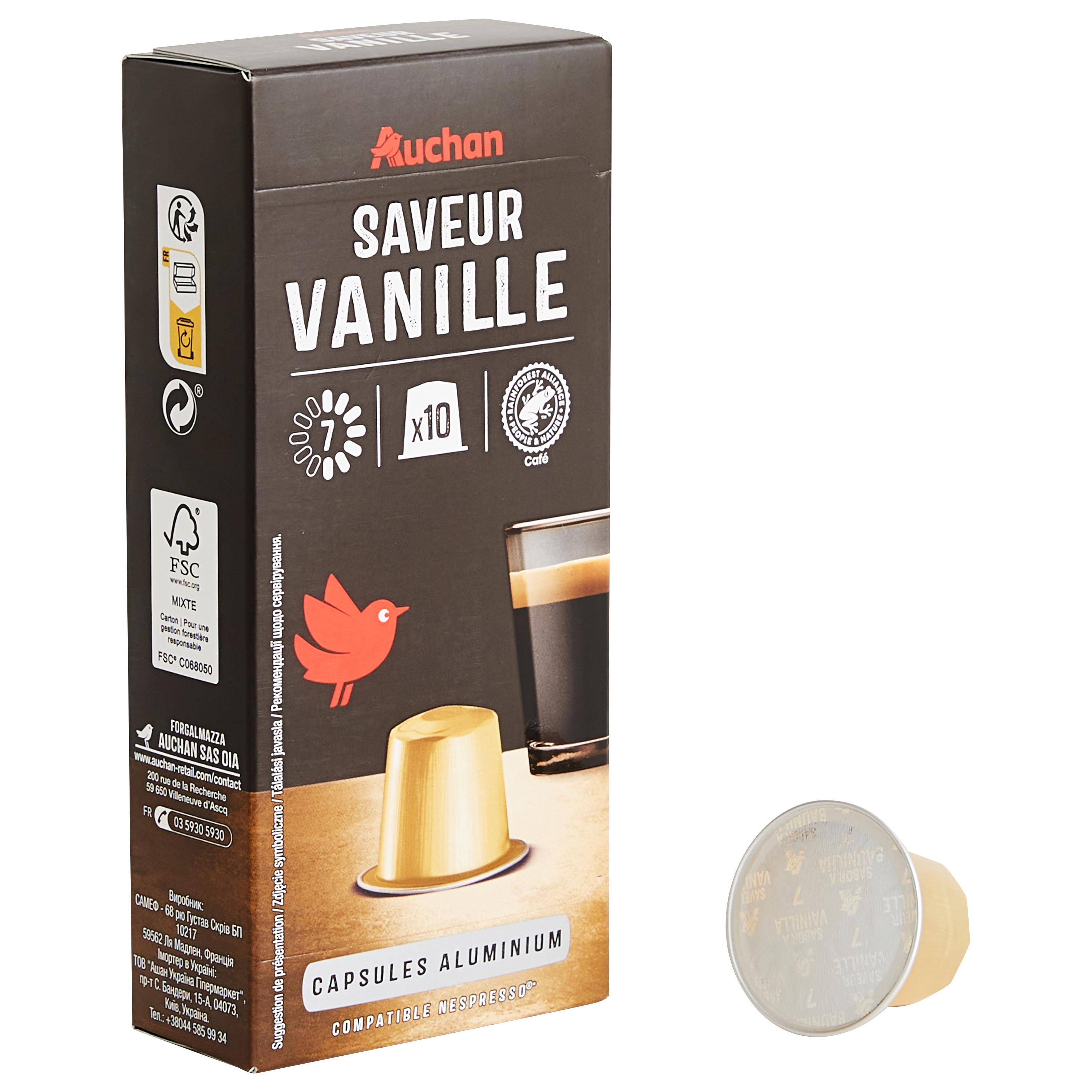 Voir la diapositive 2 : AUCHAN Capsules de café saveur vanille intensité 7 compatibles Nespresso 10 capsules 52g