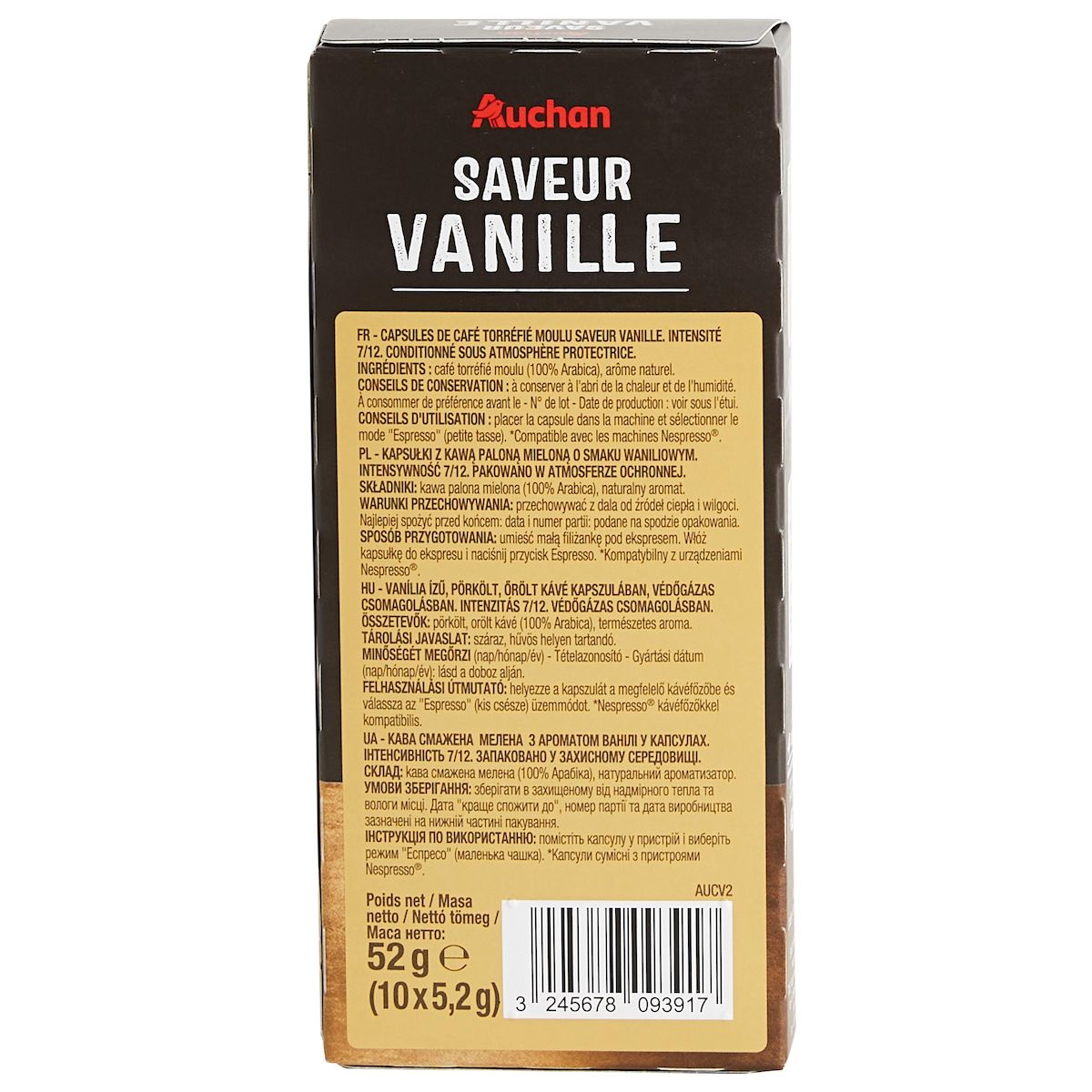 AUCHAN Capsules de café saveur vanille intensité 7 compatibles Nespresso 10 capsules 52g