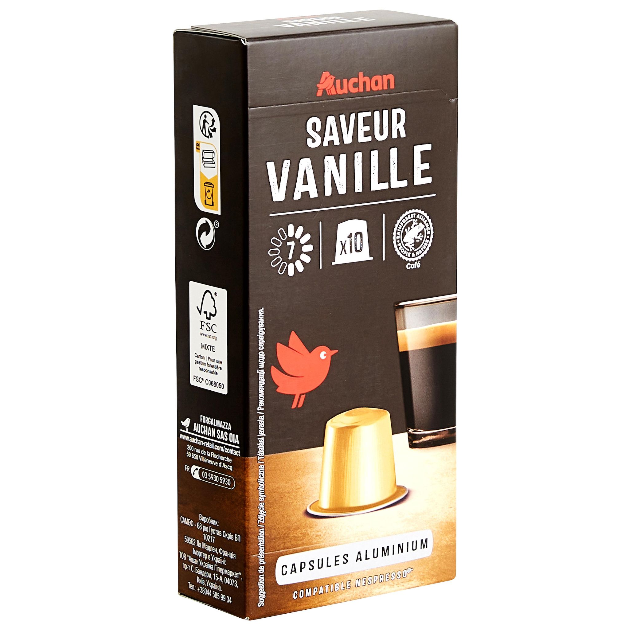 Voir la diapositive 2 : AUCHAN Capsules de café saveur vanille intensité 7 compatibles Nespresso 10 capsules 52g