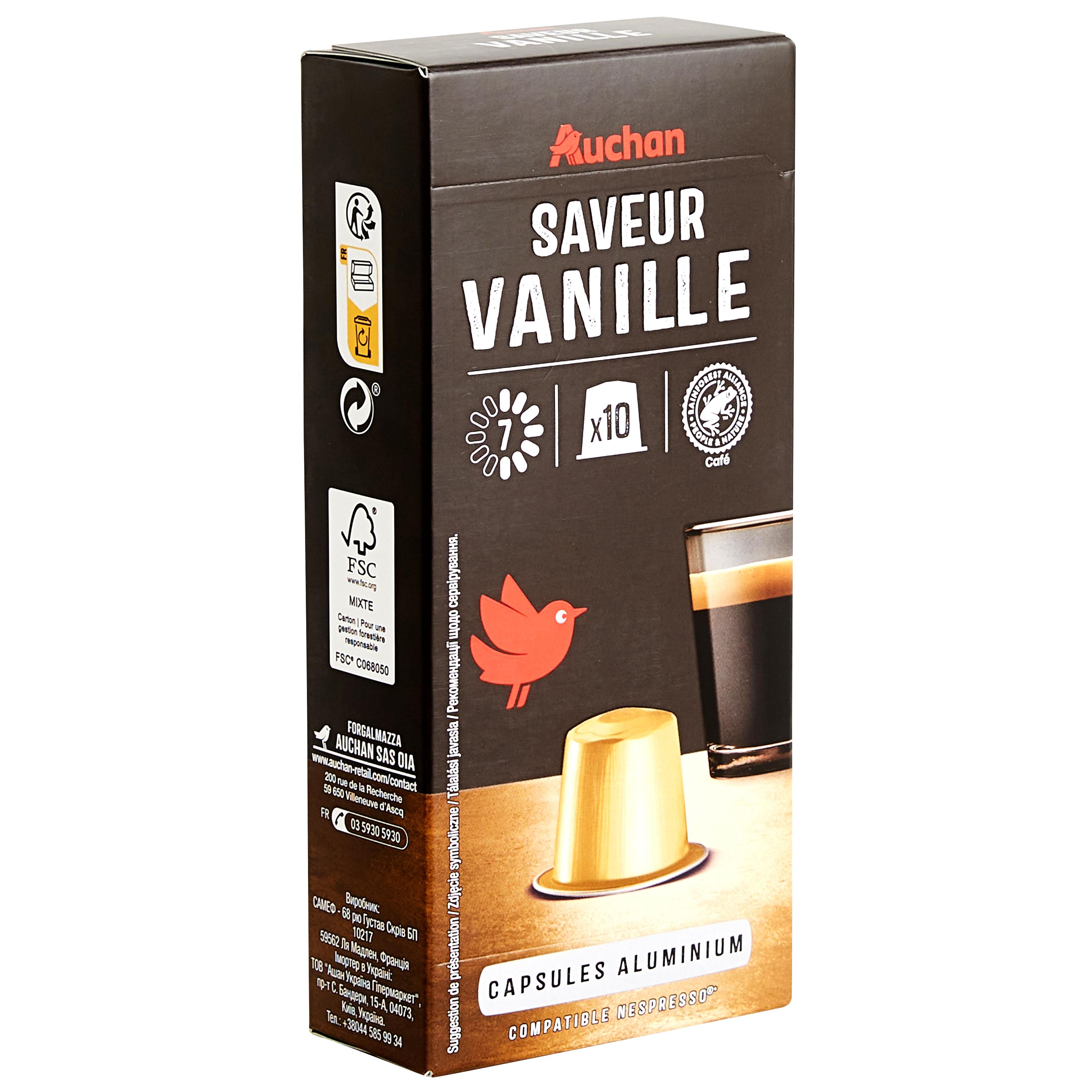 Voir la diapositive 3 : AUCHAN Capsules de café saveur vanille intensité 7 compatibles Nespresso 10 capsules 52g