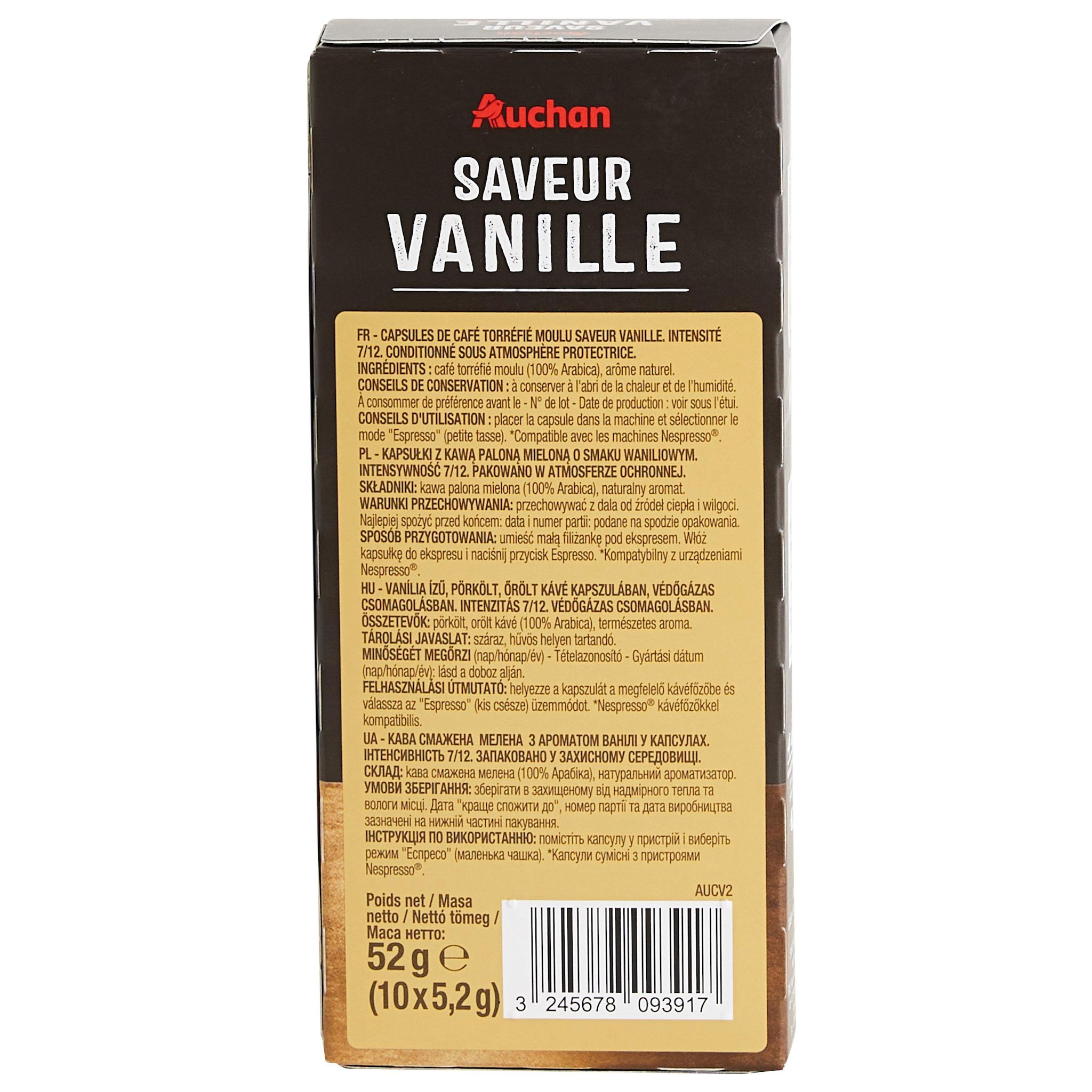 Voir la diapositive 3 : AUCHAN Capsules de café saveur vanille intensité 7 compatibles Nespresso 10 capsules 52g
