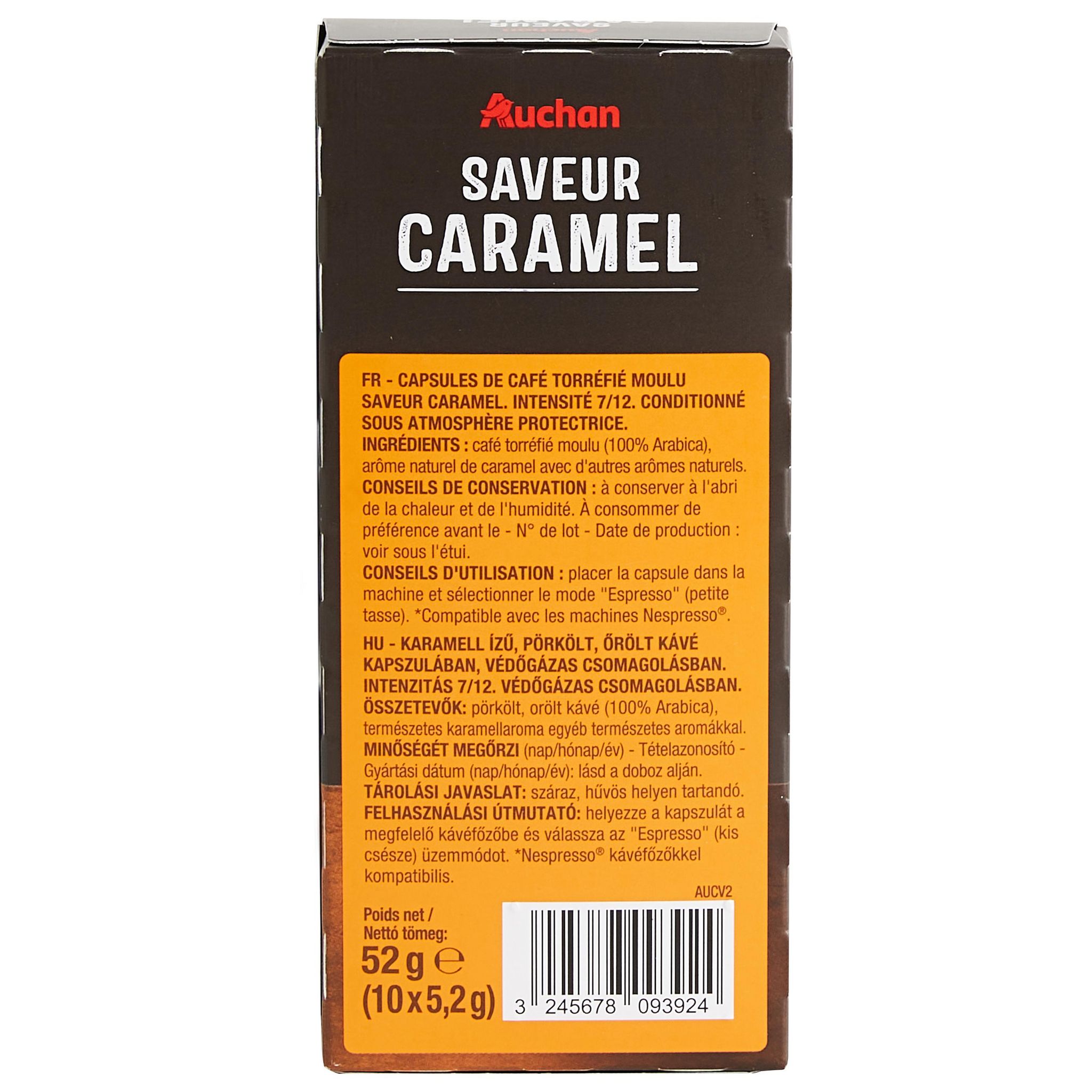 Voir la diapositive 2 : AUCHAN Capsules de café saveur caramel intensité 7 compatibles Nespresso 10 capsules 52g
