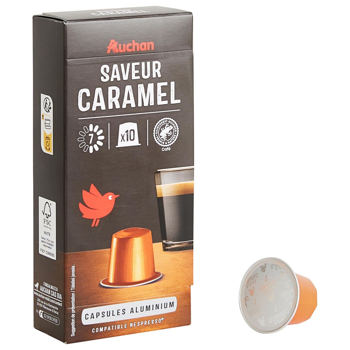 AUCHAN Capsules de café saveur caramel intensité 7 compatibles Nespresso 10 capsules 52g