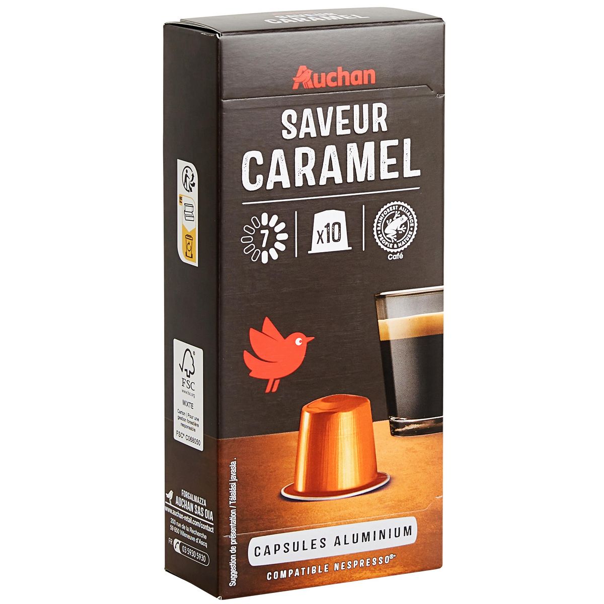 AUCHAN Capsules de café saveur caramel intensité 7 compatibles Nespresso 10 capsules 52g