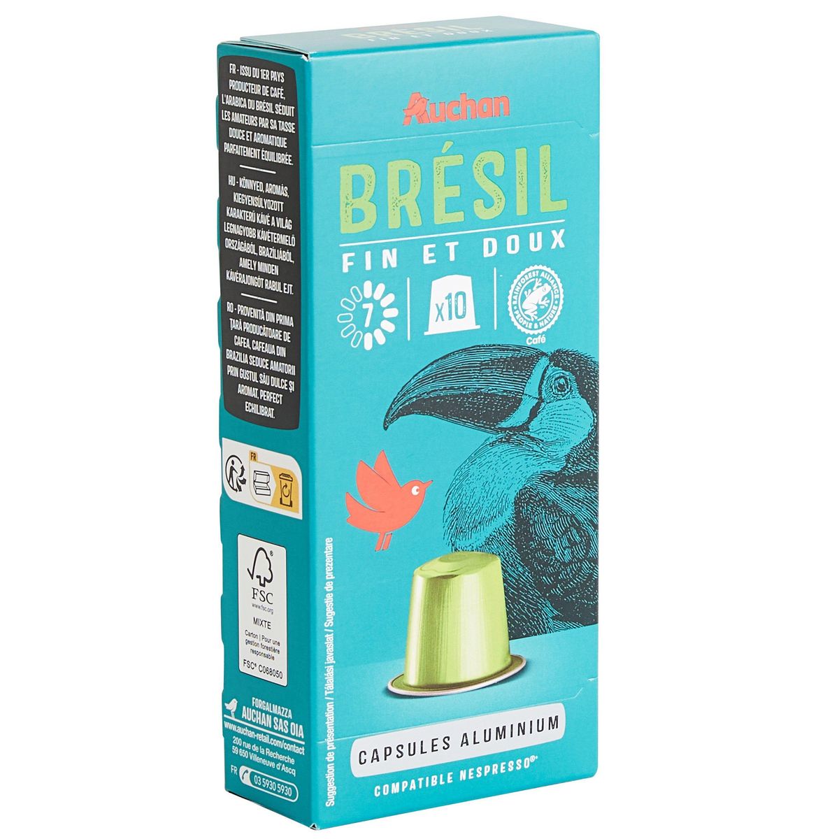 AUCHAN Capsules de café Brésil intensité 7 fin et doux compatibles Nespresso 10 capsules 52g