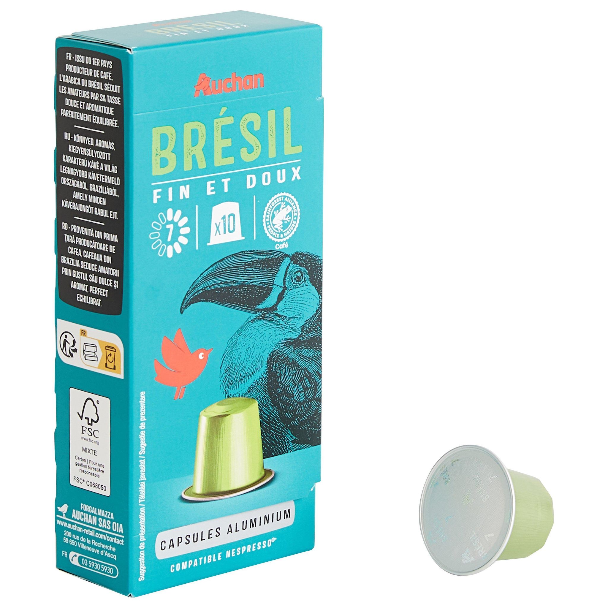 Voir la diapositive 3 : AUCHAN Capsules de café Brésil intensité 7 fin et doux compatibles Nespresso 10 capsules 52g