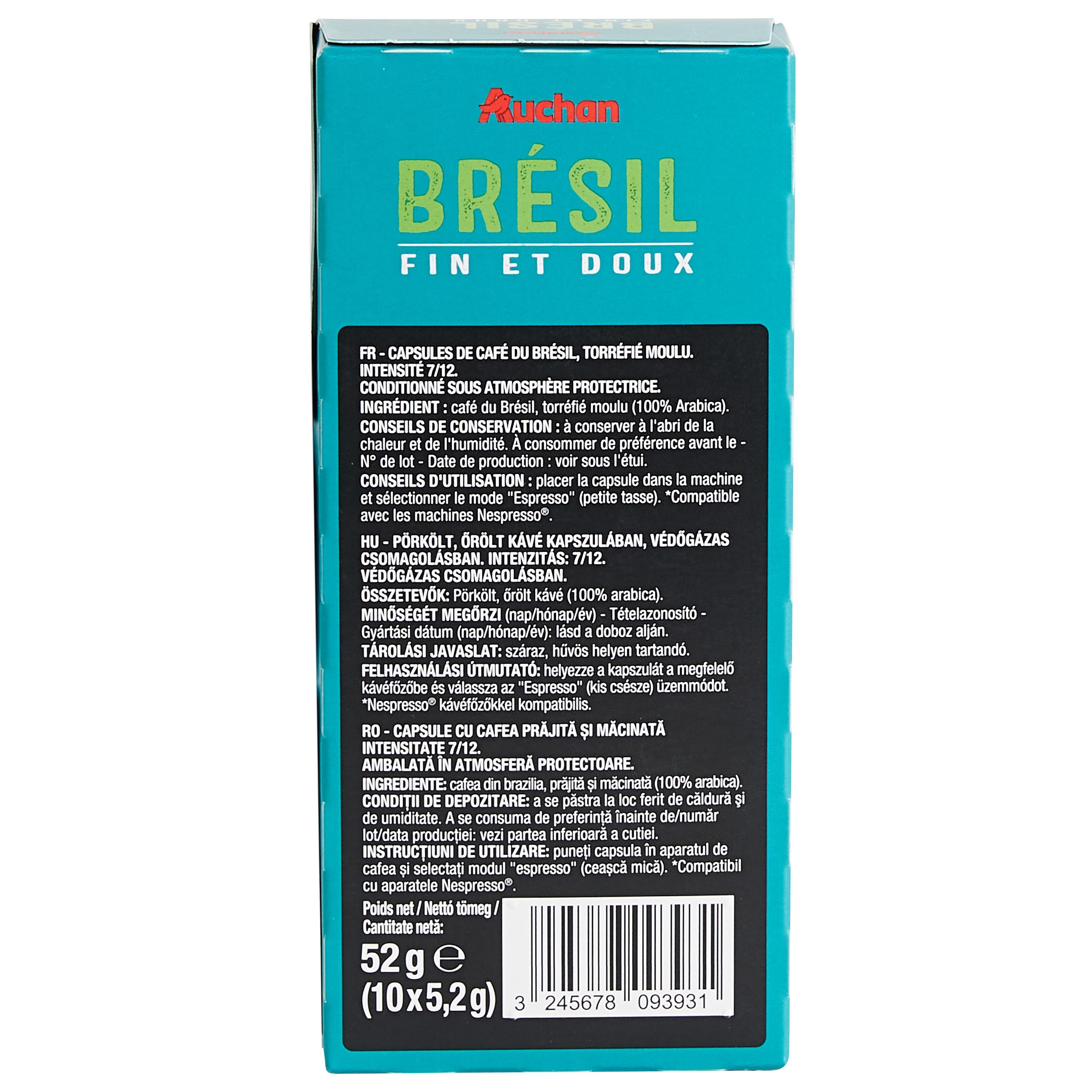 Voir la diapositive 4 : AUCHAN Capsules de café Brésil intensité 7 fin et doux compatibles Nespresso 10 capsules 52g