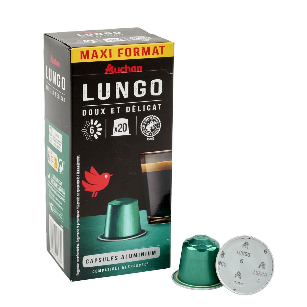 AUCHAN Capsules de café lungo intensité 6 compatibles Nespresso 20 capsules 104g