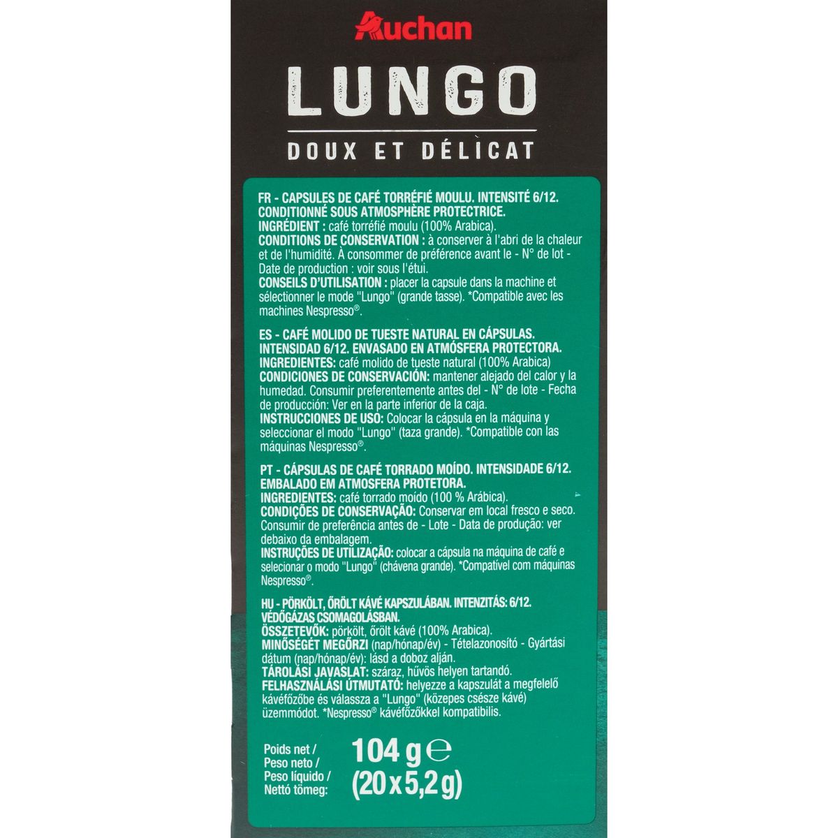 AUCHAN Capsules de café lungo intensité 6 compatibles Nespresso 20 capsules 104g