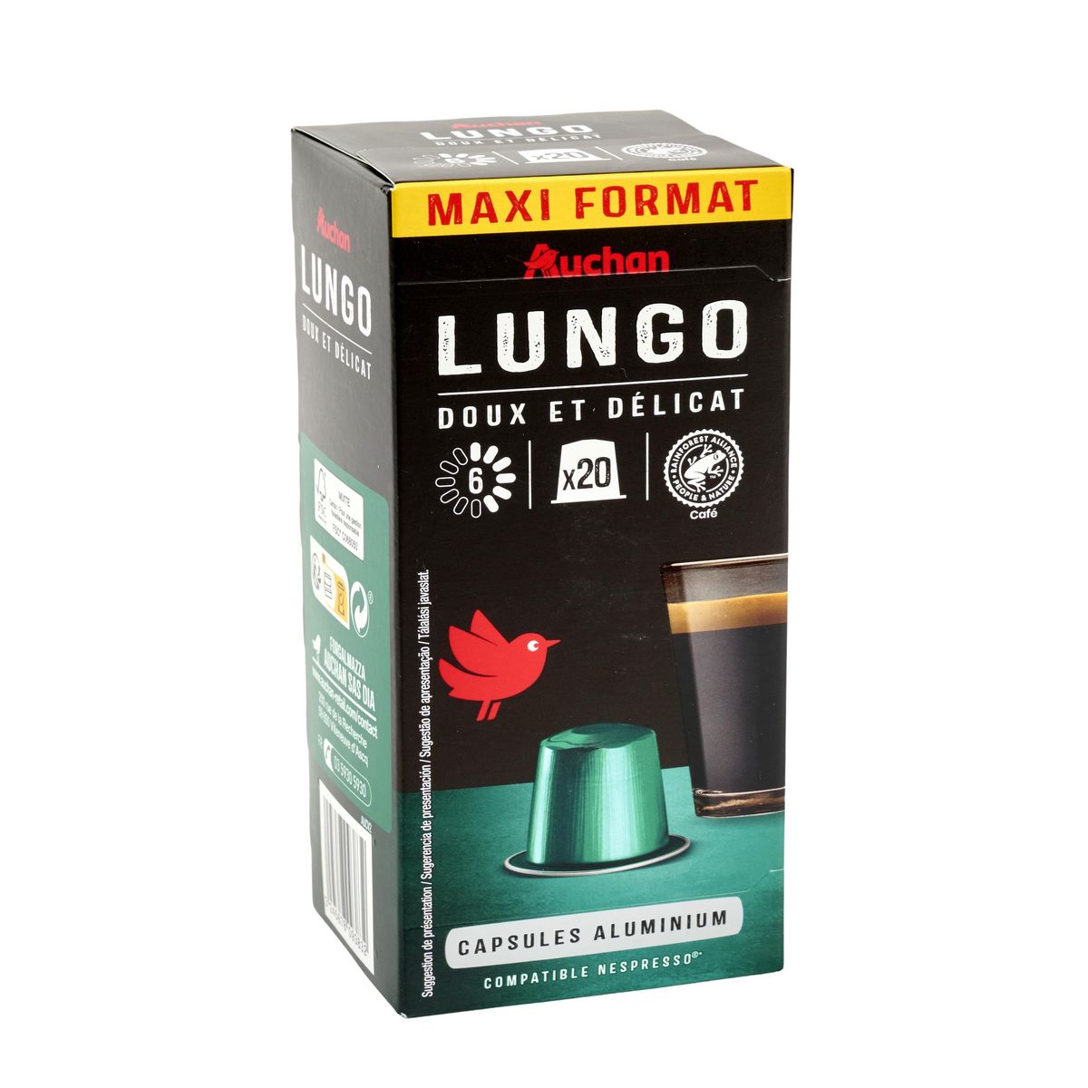 AUCHAN Capsules de café lungo intensité 6 compatibles Nespresso 20 capsules 104g
