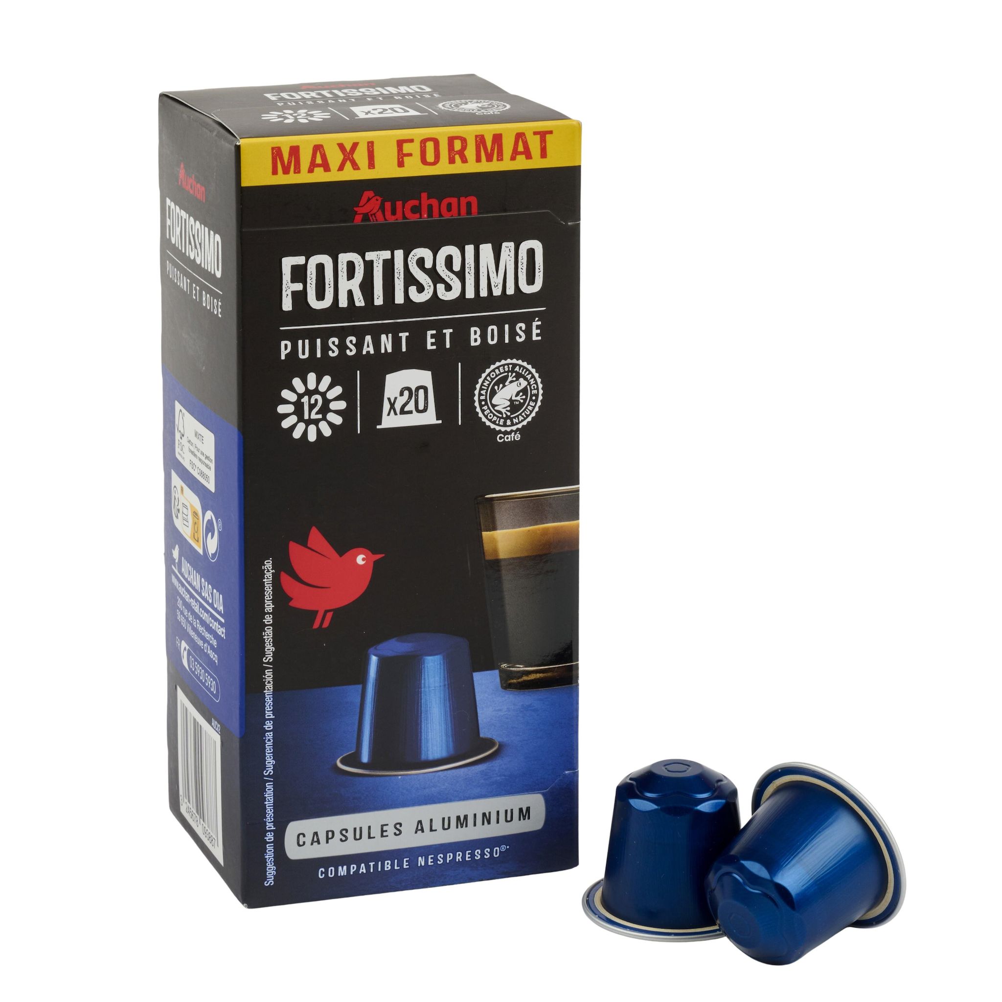 Voir la diapositive 3 : AUCHAN Capsules de café fortissimo intensité 12 compatibles Nespresso 20 capsules 104g