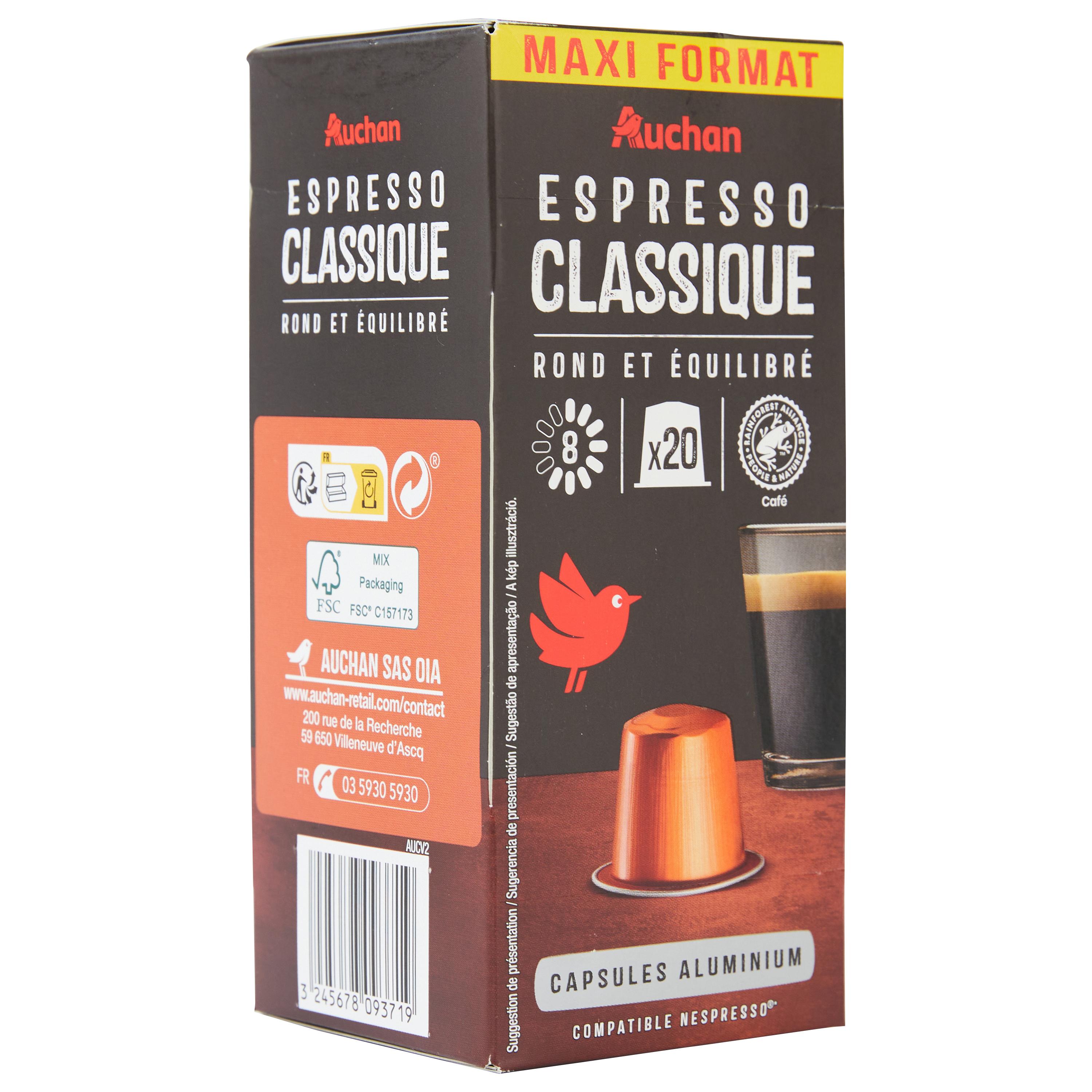 Voir la diapositive 2 : AUCHAN Capsules de café espresso classique intensité 8 compatibles Nespresso 20 capsules 104g
