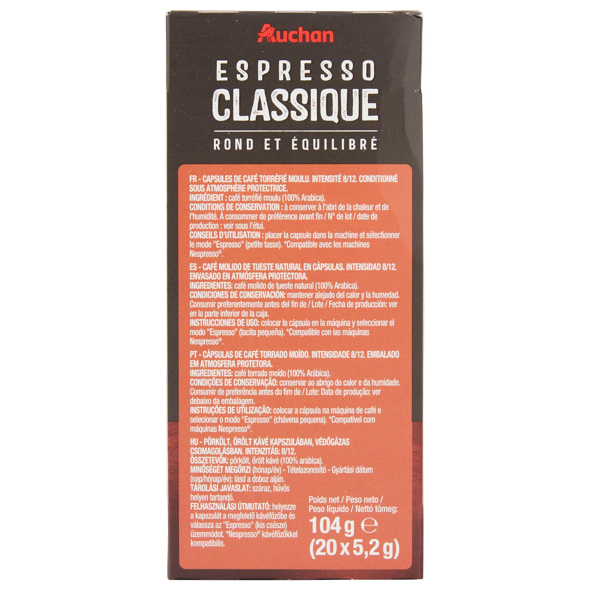 Voir la diapositive 2 : AUCHAN Capsules de café espresso classique intensité 8 compatibles Nespresso 20 capsules 104g