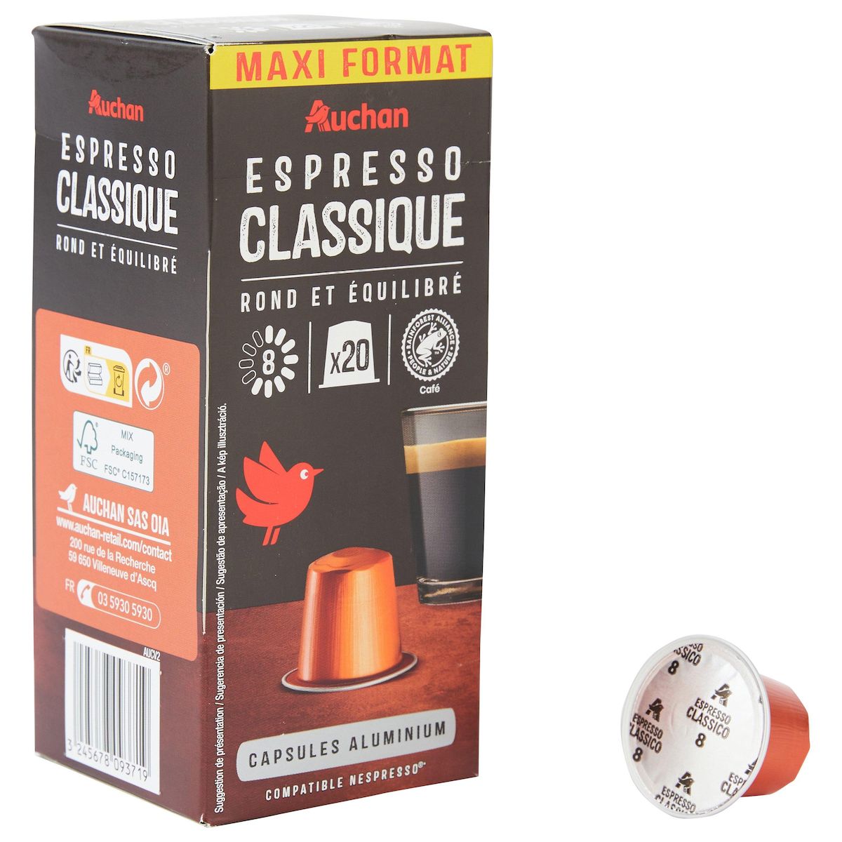 AUCHAN Capsules de café espresso classique intensité 8 compatibles Nespresso 20 capsules 104g