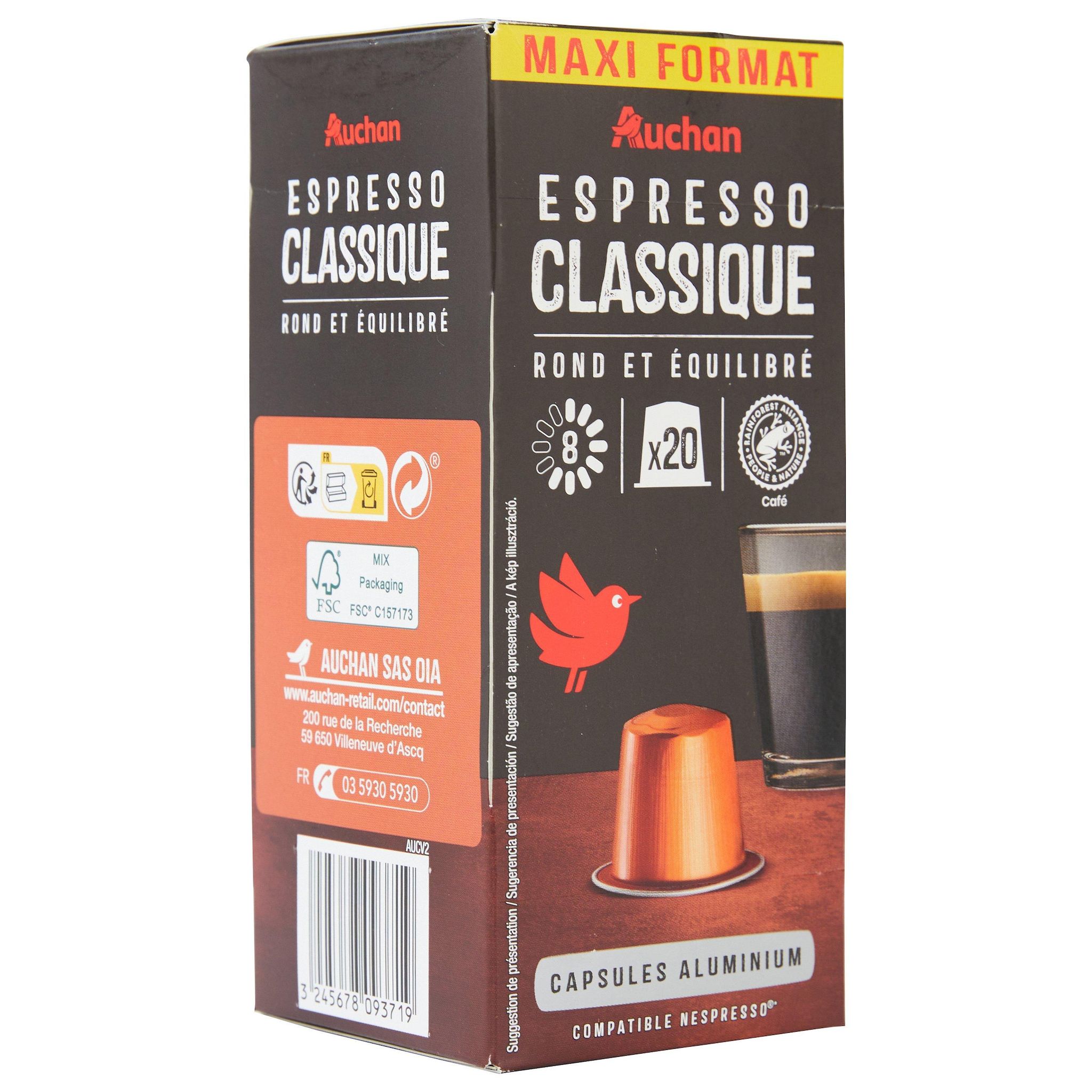 Voir la diapositive 5 : AUCHAN Capsules de café espresso classique intensité 8 compatibles Nespresso 20 capsules 104g