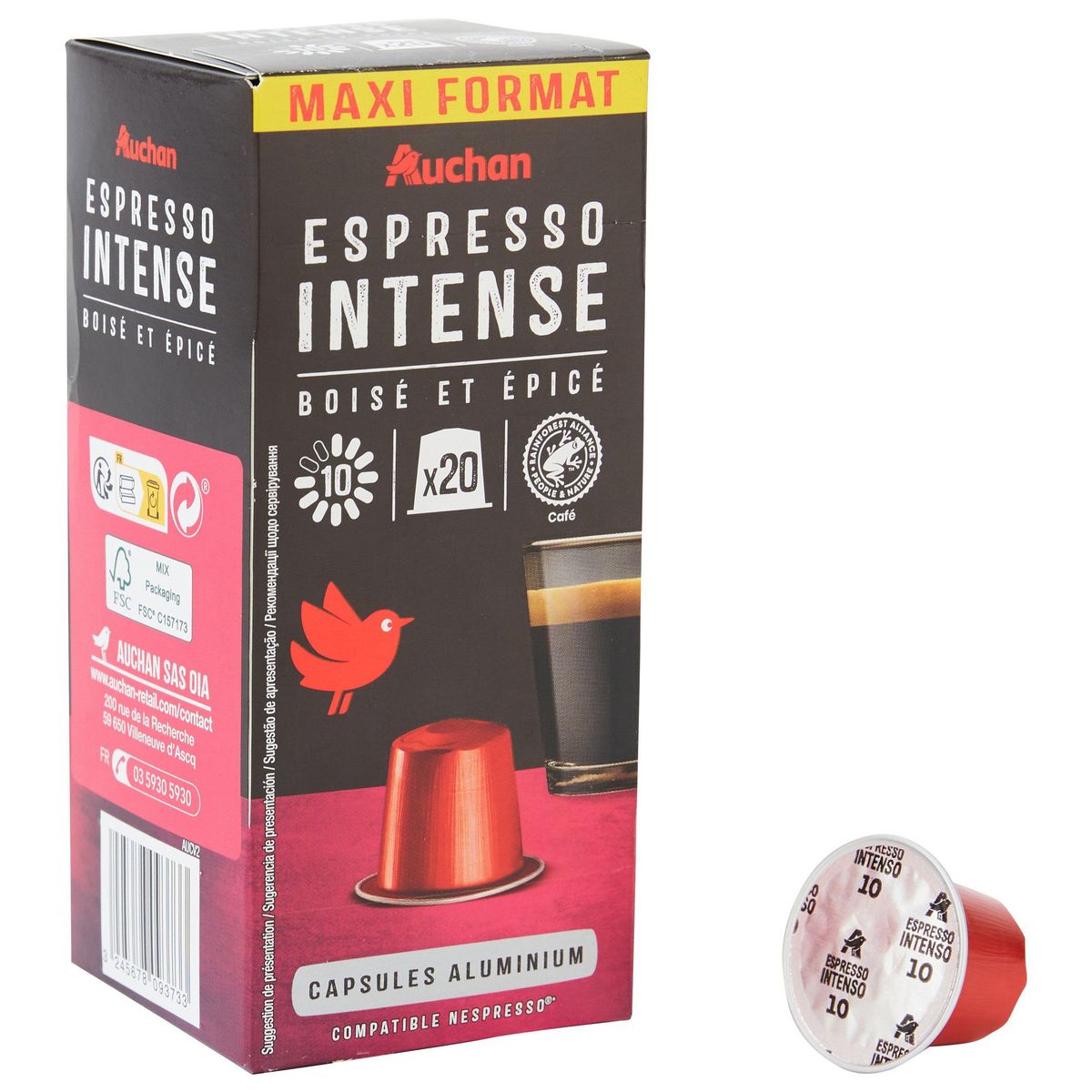 AUCHAN Capsules de café espresso intense intensité 10 compatibles Nespresso 20 capsules 104g