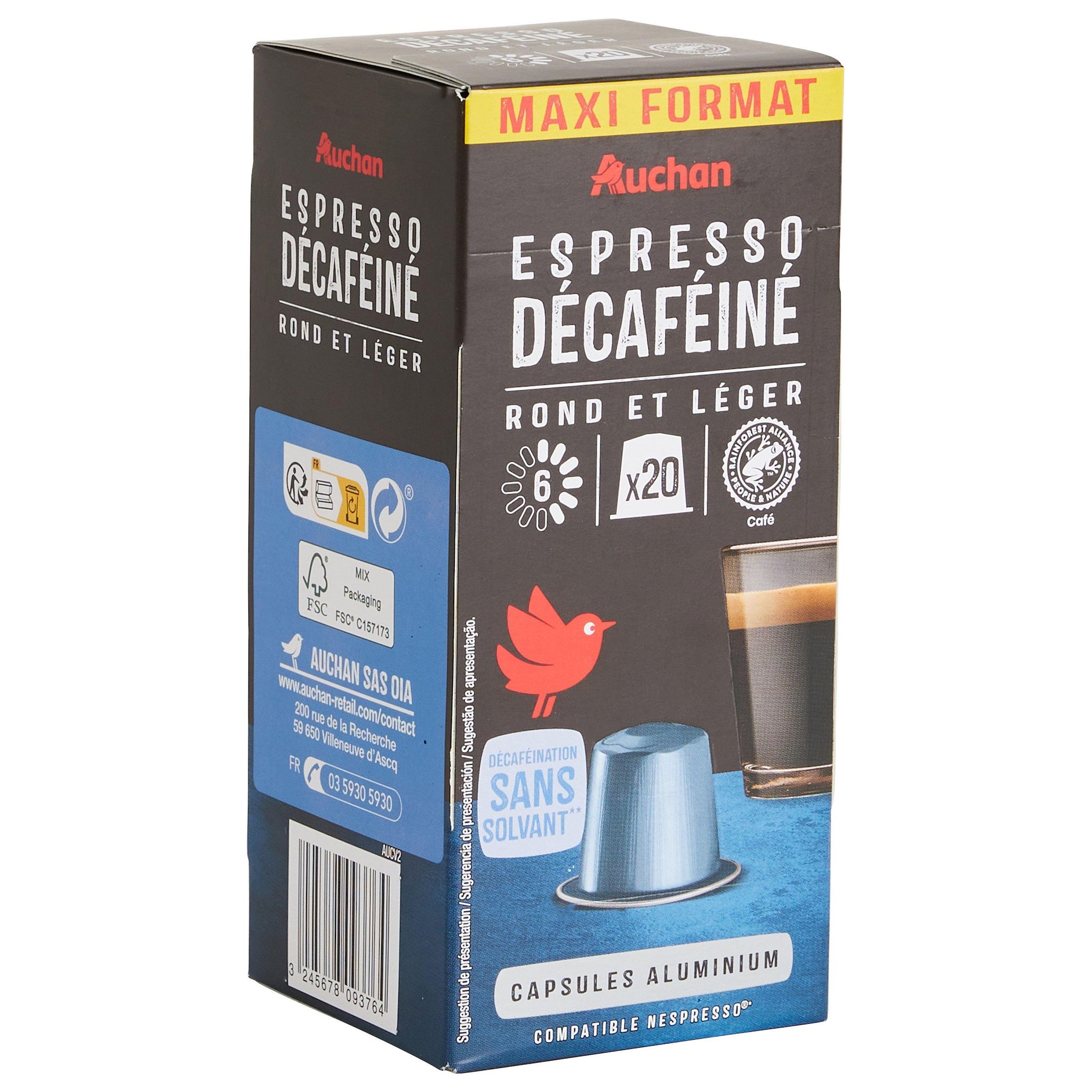 Voir la diapositive 2 : AUCHAN Capsules de café espresso décaféiné intensité 6 compatibles Nespresso 20 capsules 104g