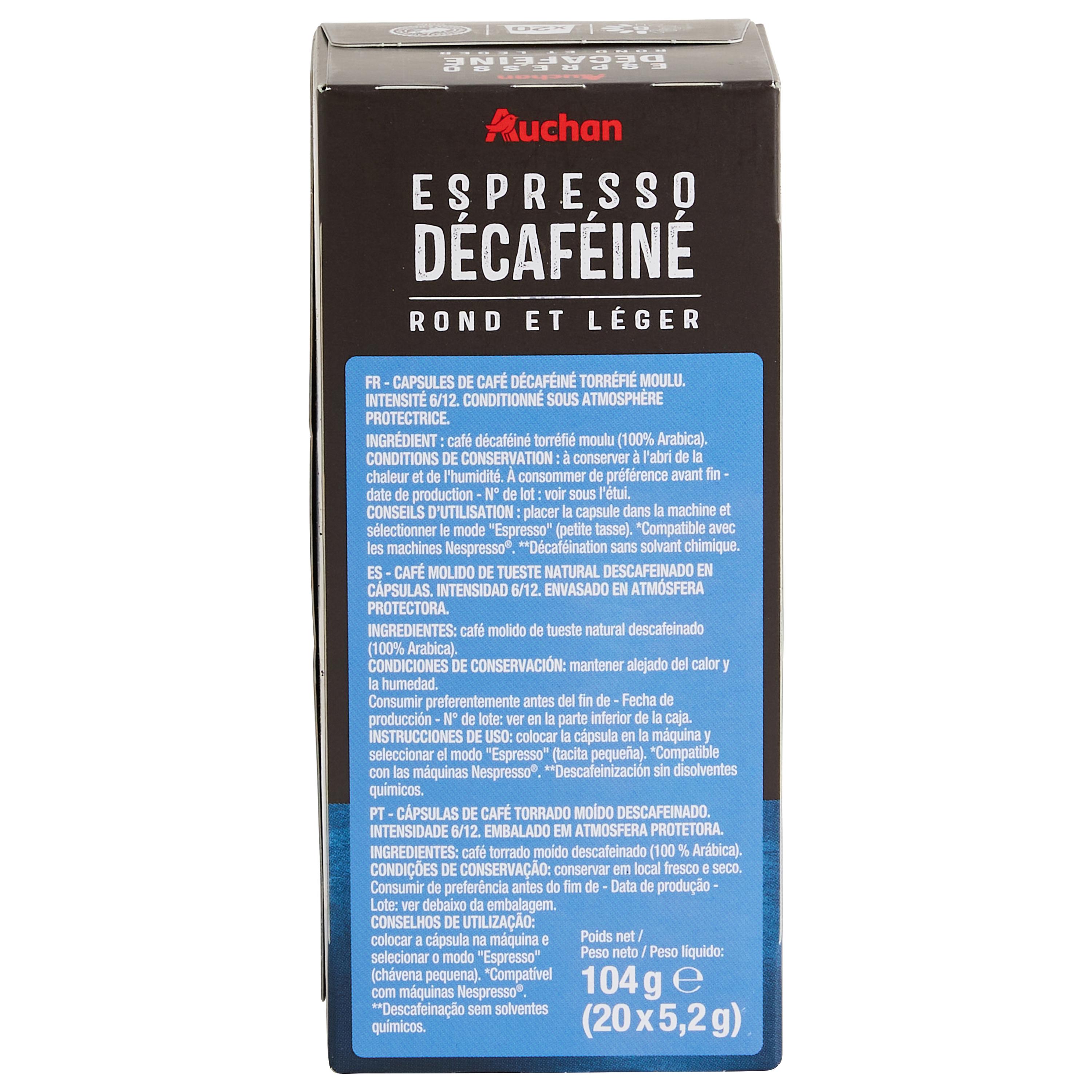 Voir la diapositive 3 : AUCHAN Capsules de café espresso décaféiné intensité 6 compatibles Nespresso 20 capsules 104g