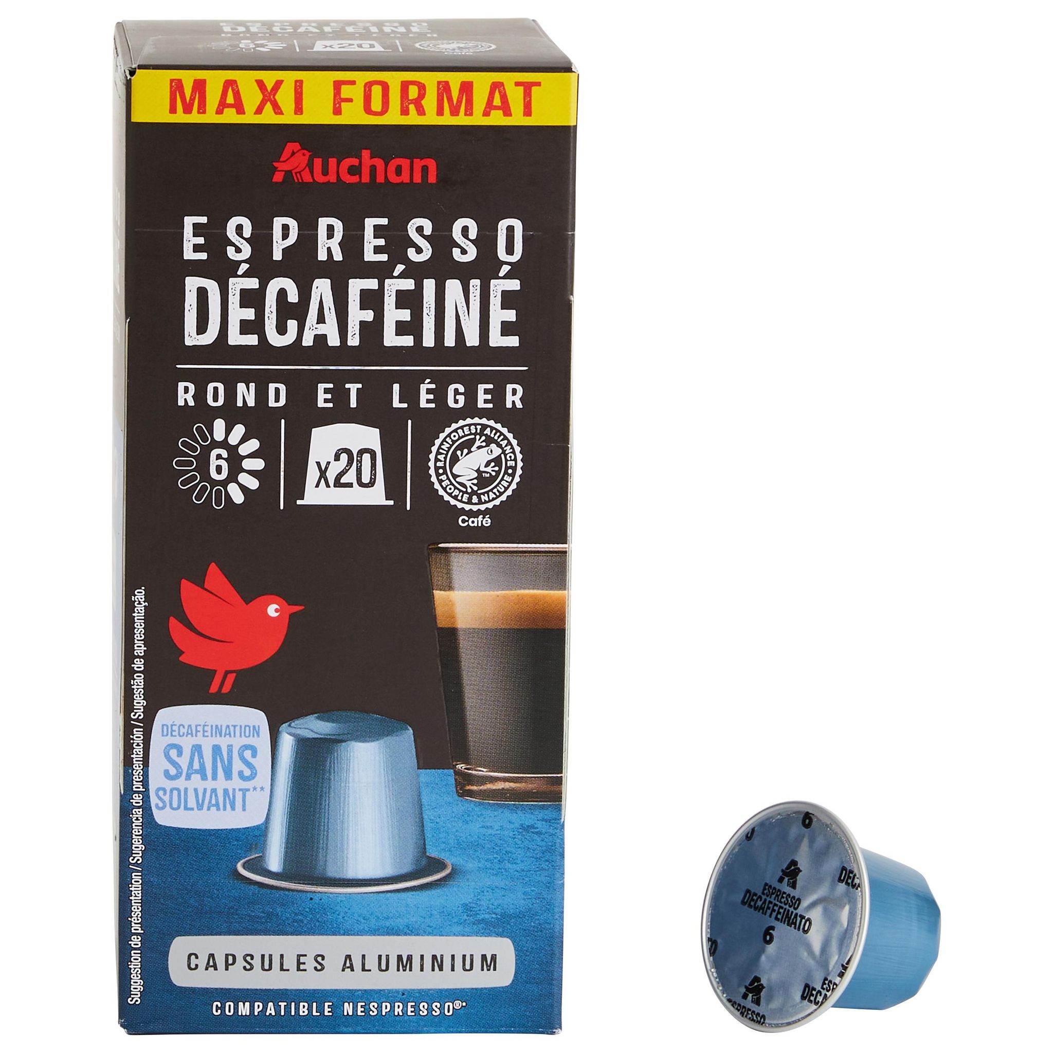 Voir la diapositive 4 : AUCHAN Capsules de café espresso décaféiné intensité 6 compatibles Nespresso 20 capsules 104g