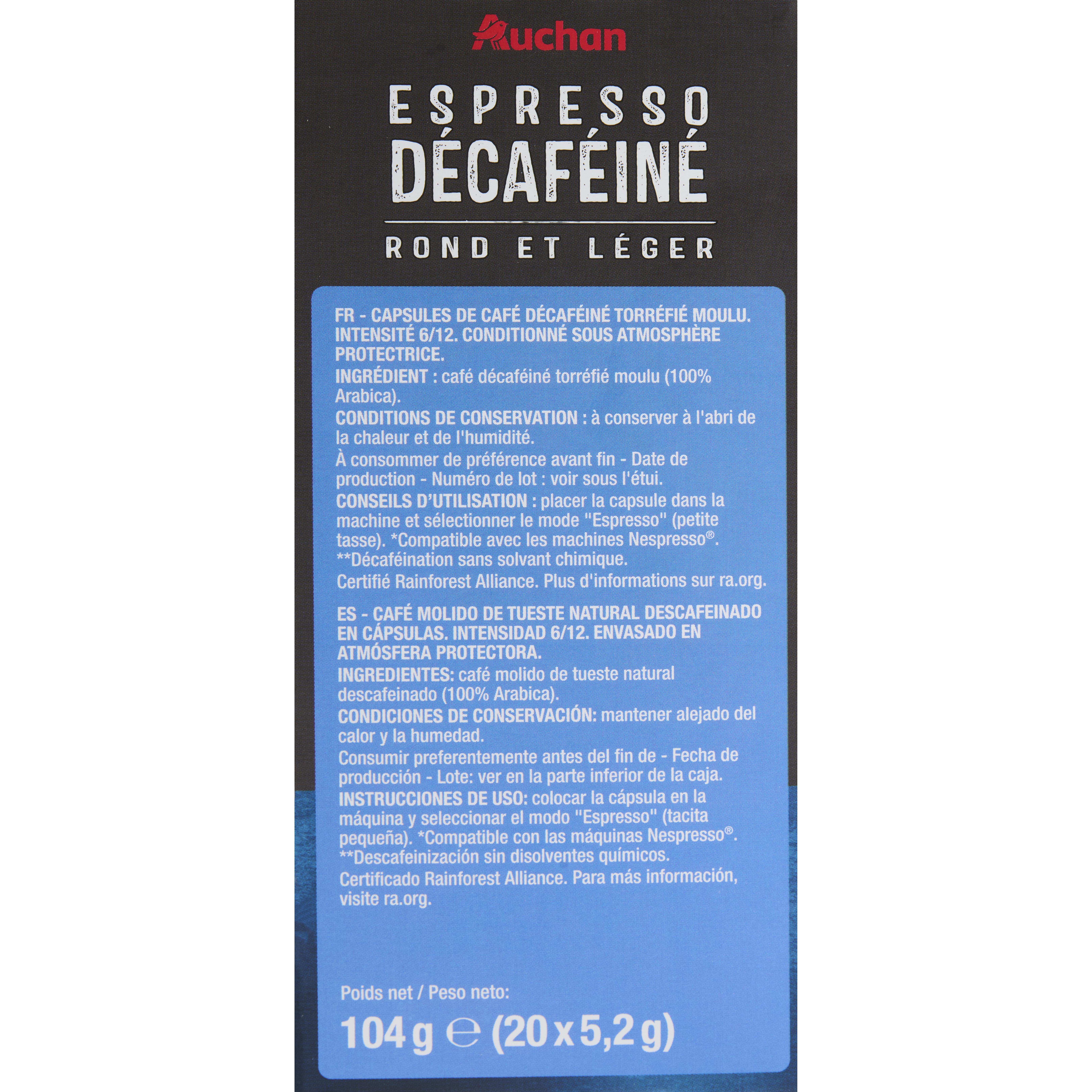 Voir la diapositive 6 : AUCHAN Capsules de café espresso décaféiné intensité 6 compatibles Nespresso 20 capsules 104g