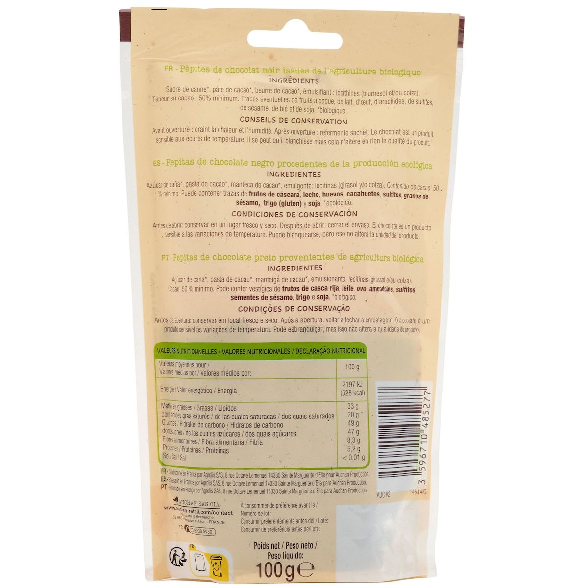 AUCHAN BIO Pépites de chocolat noir 100g