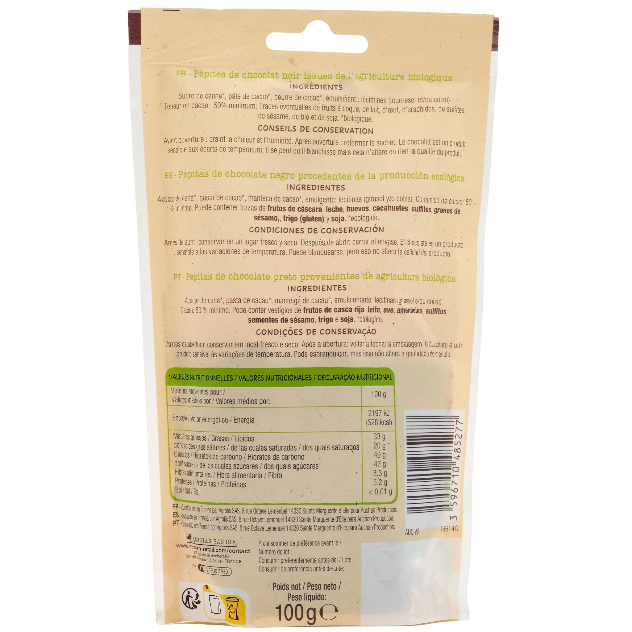 Voir la diapositive 3 : AUCHAN BIO Pépites de chocolat noir 100g