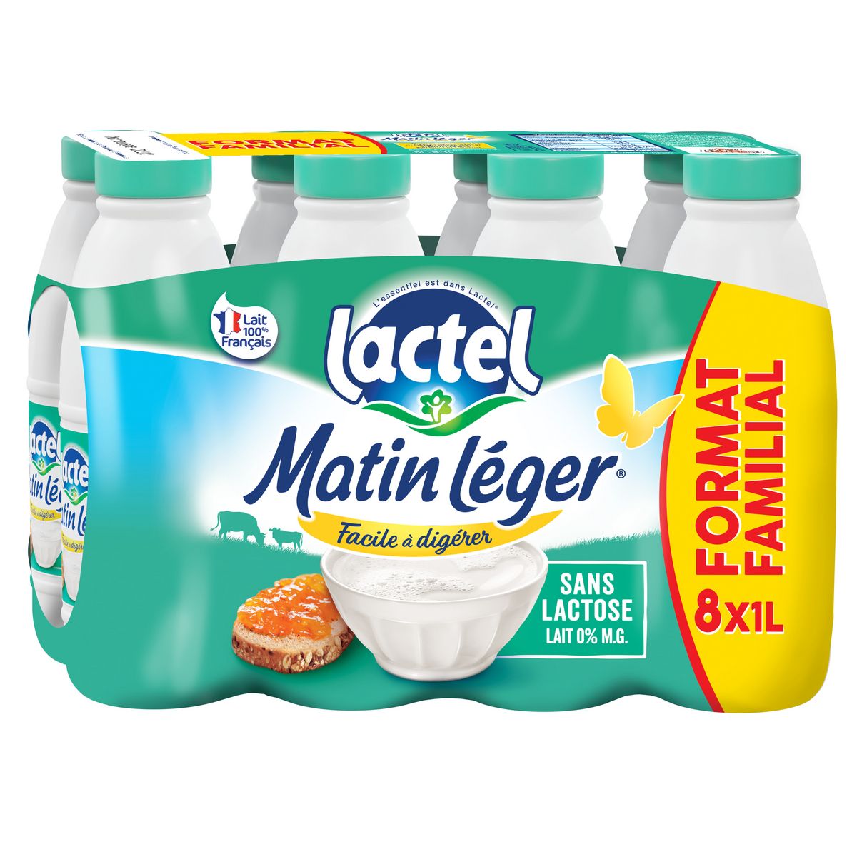 LACTEL Matin léger Lait facile à digérer écrémé sans lactose 0% 8x1l