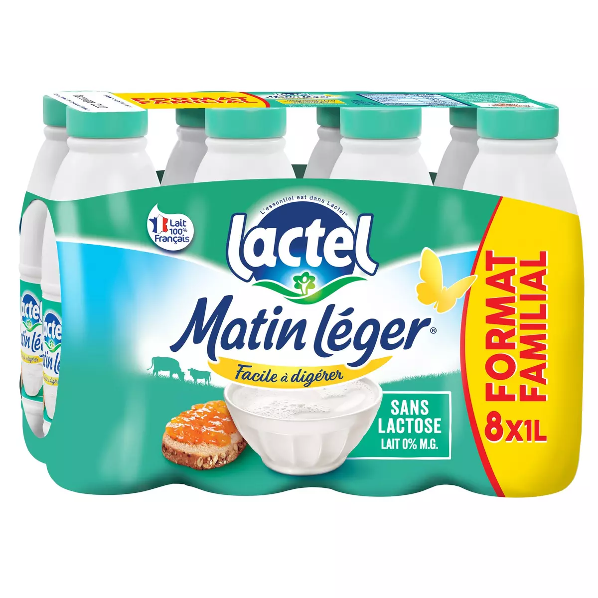 LACTEL Matin léger Lait facile à digérer écrémé sans lactose 0% 8x1l