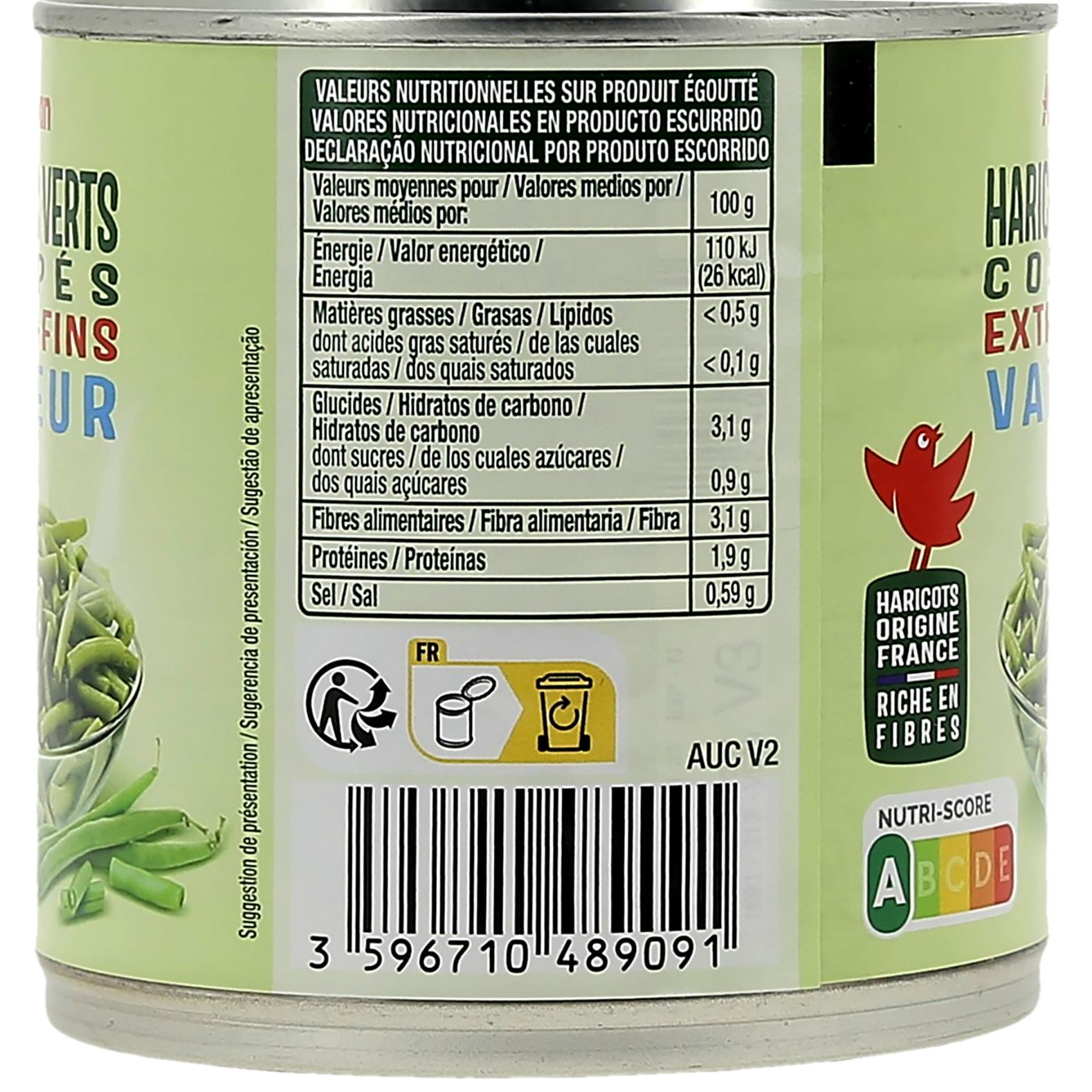 Voir la diapositive 3 : AUCHAN Haricots verts coupés extra fins vapeur 225g