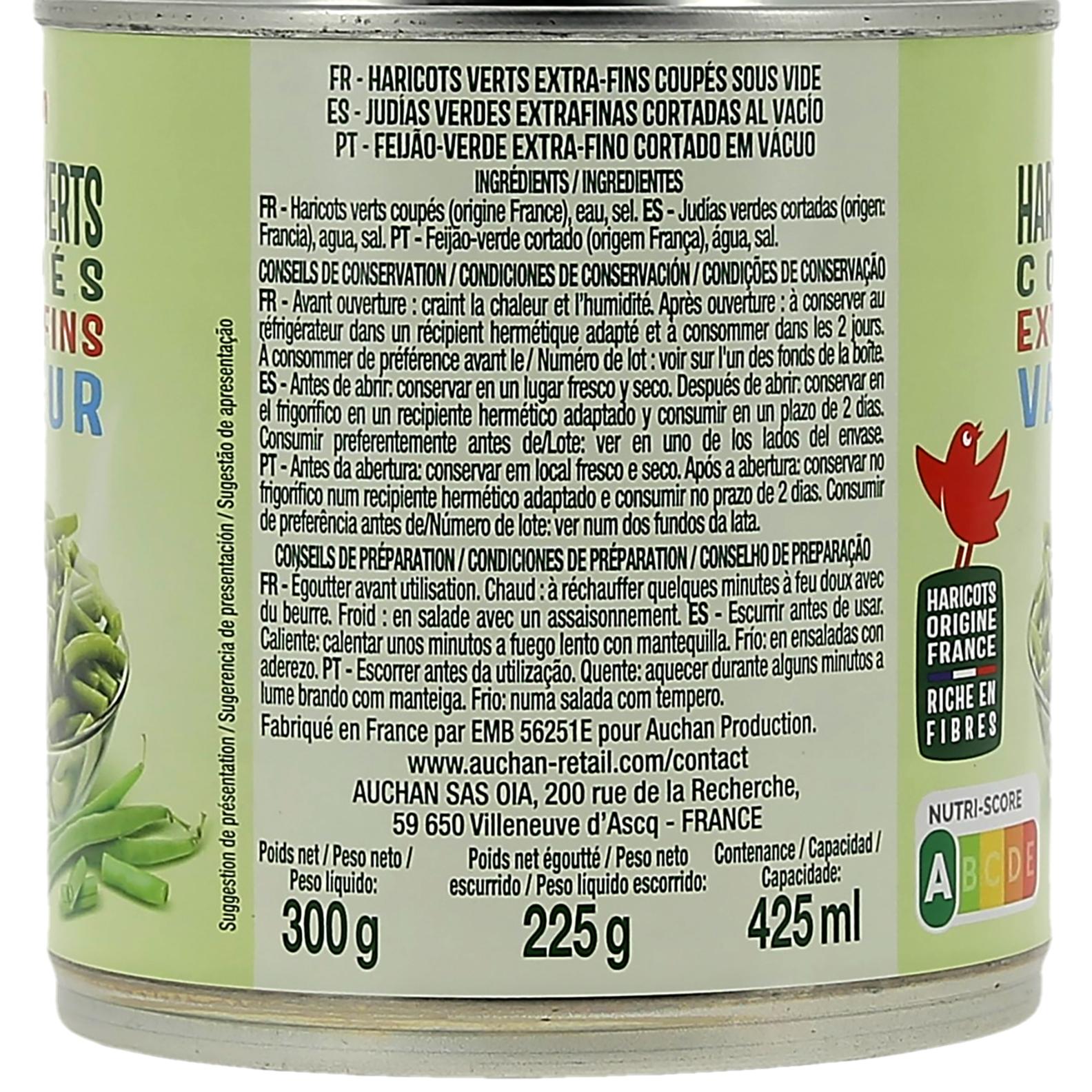 Voir la diapositive 4 : AUCHAN Haricots verts coupés extra fins vapeur 225g