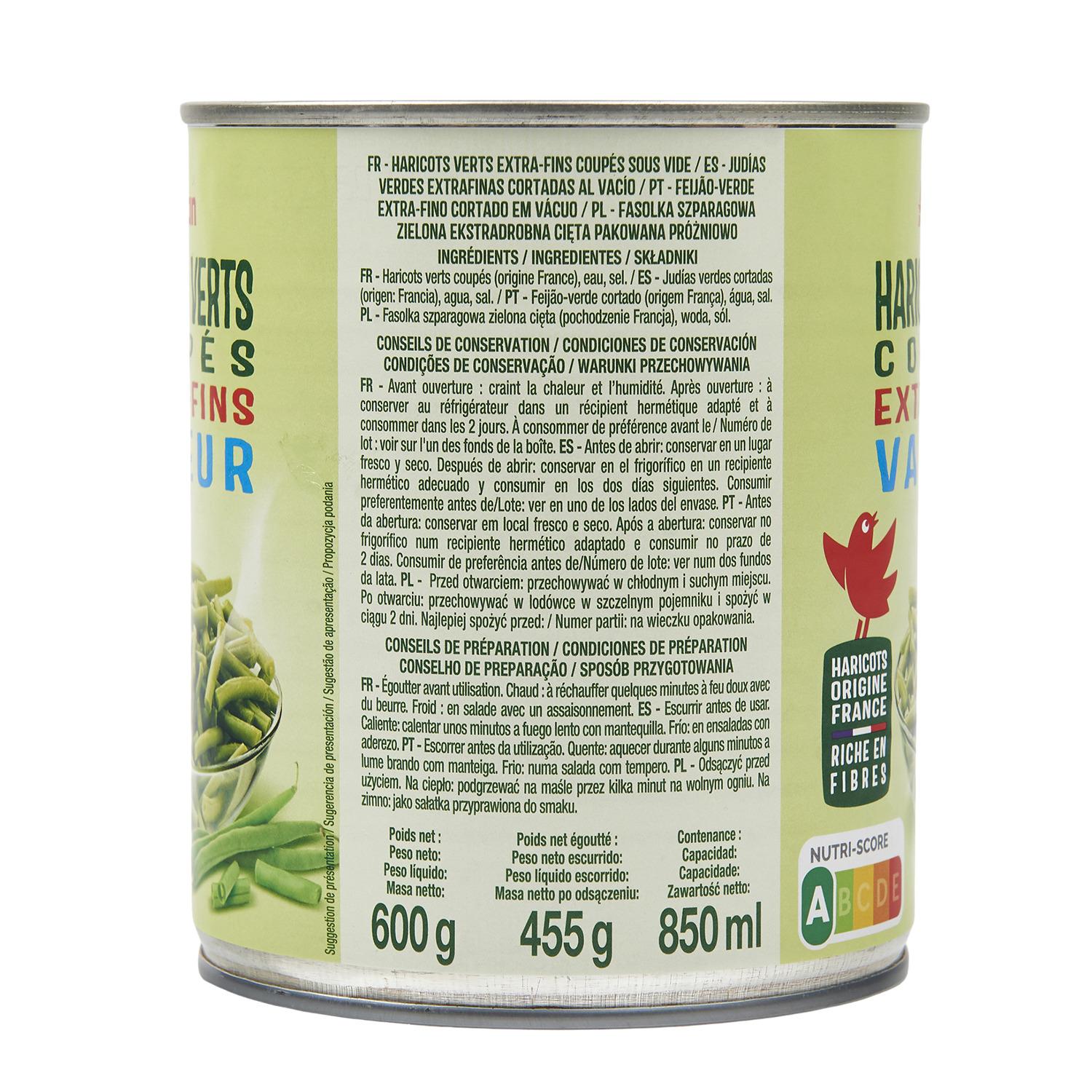 Voir la diapositive 2 : AUCHAN Haricots verts extra-fins vapeur 455g