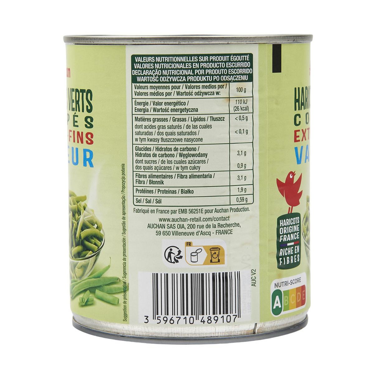 AUCHAN Haricots verts extra-fins vapeur 455g