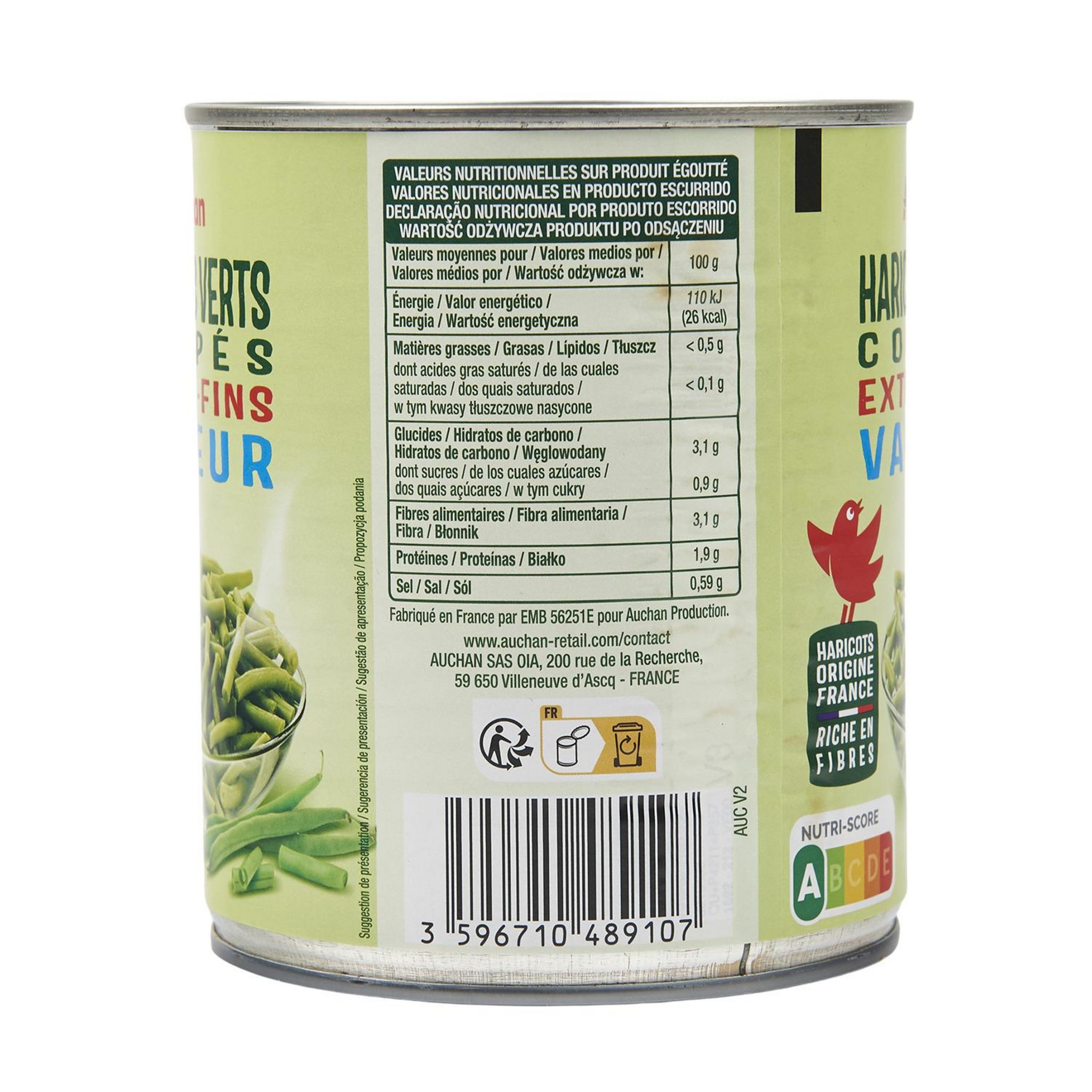 Voir la diapositive 4 : AUCHAN Haricots verts extra-fins vapeur 455g