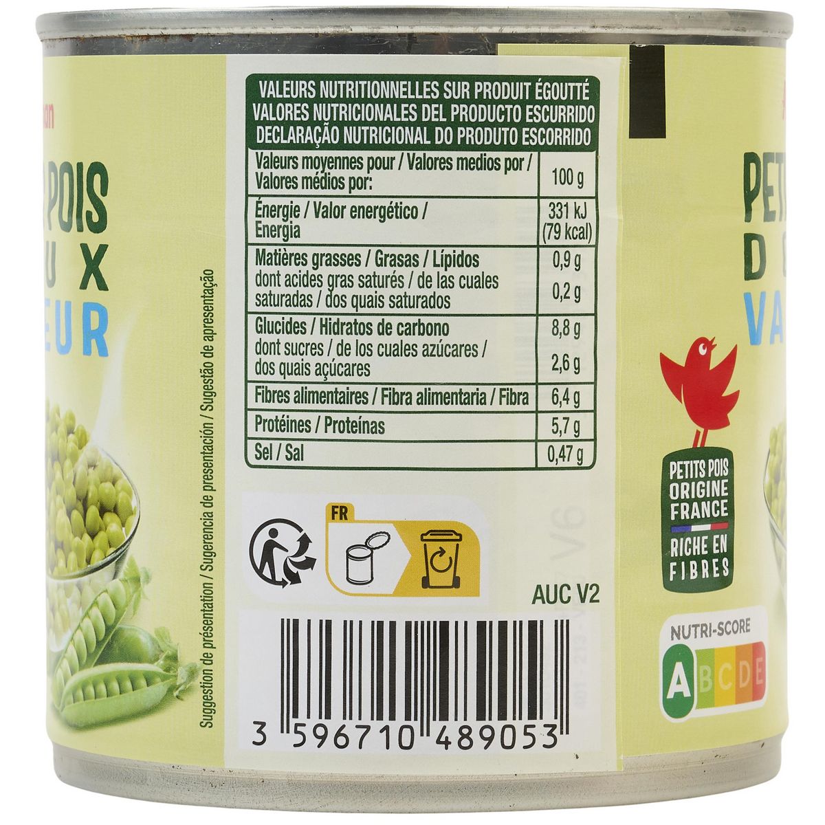 AUCHAN Petits pois à la vapeur 265g