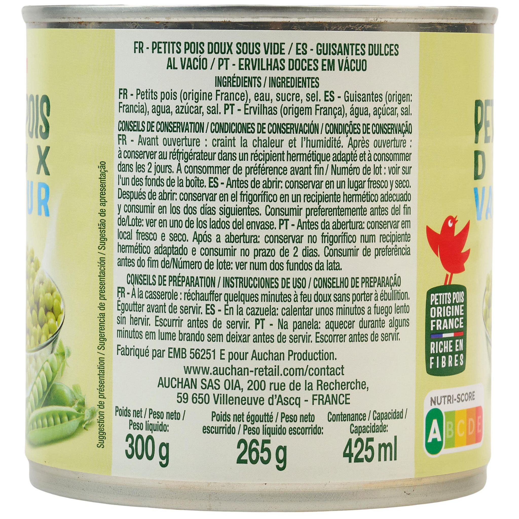 Voir la diapositive 4 : AUCHAN Petits pois à la vapeur 265g