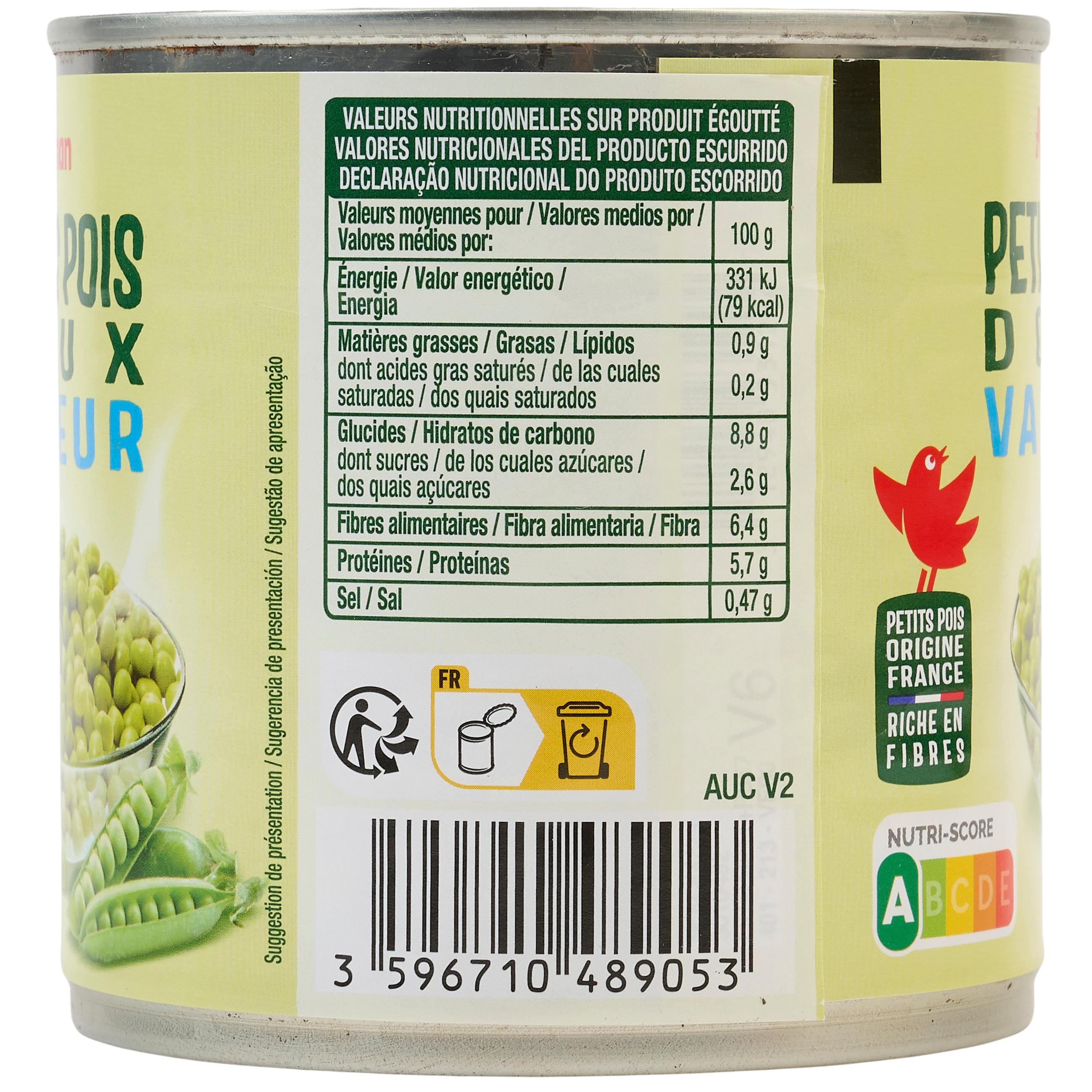 Voir la diapositive 5 : AUCHAN Petits pois à la vapeur 265g