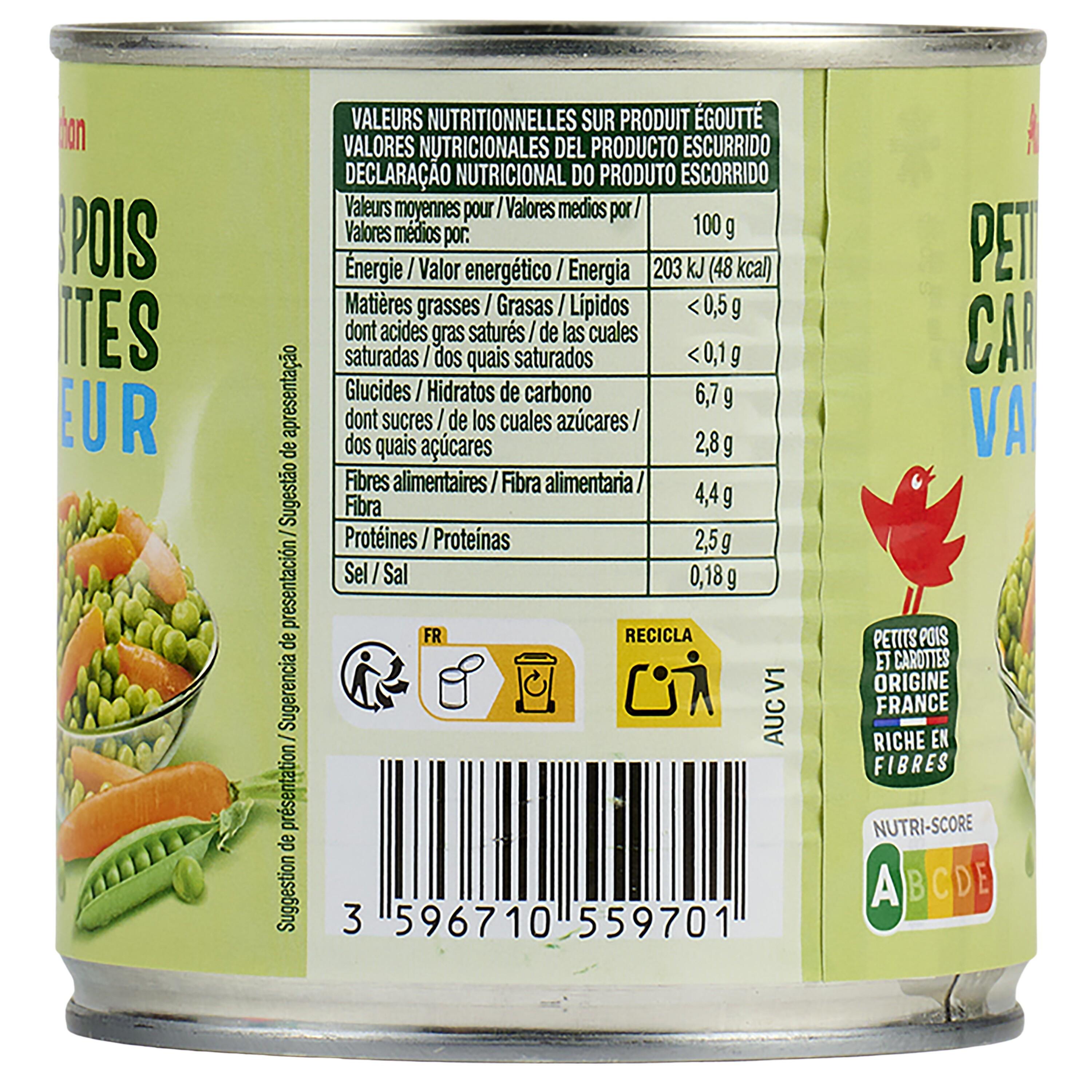 Voir la diapositive 4 : AUCHAN Petits pois carottes vapeur 265g